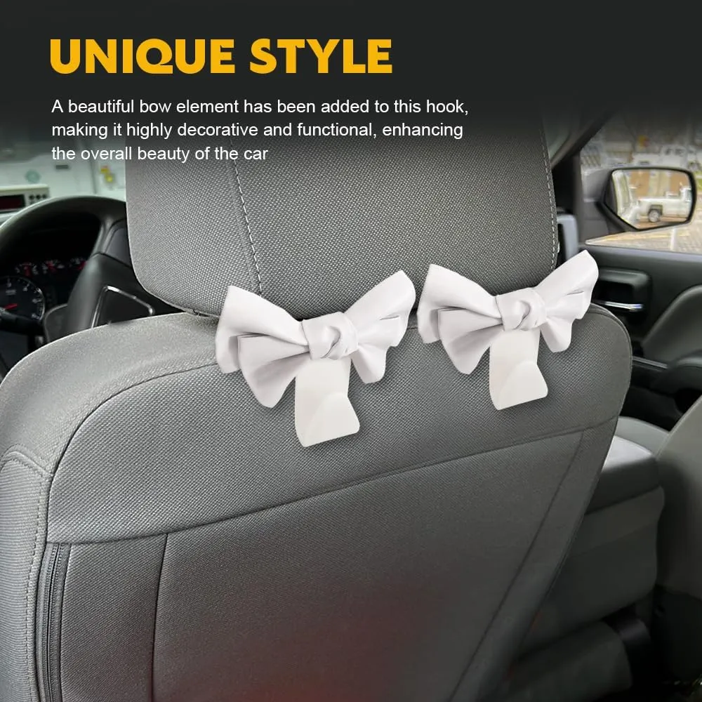 2PCS Car Purse Hook for Car Hooks for Purses and Bags, Car Seat Back Hook, Cute Bow Car Seat Headrest Hook, Car Interior Decoration Accessories Automotive Purse Hook Hanger Fit SUV (White)