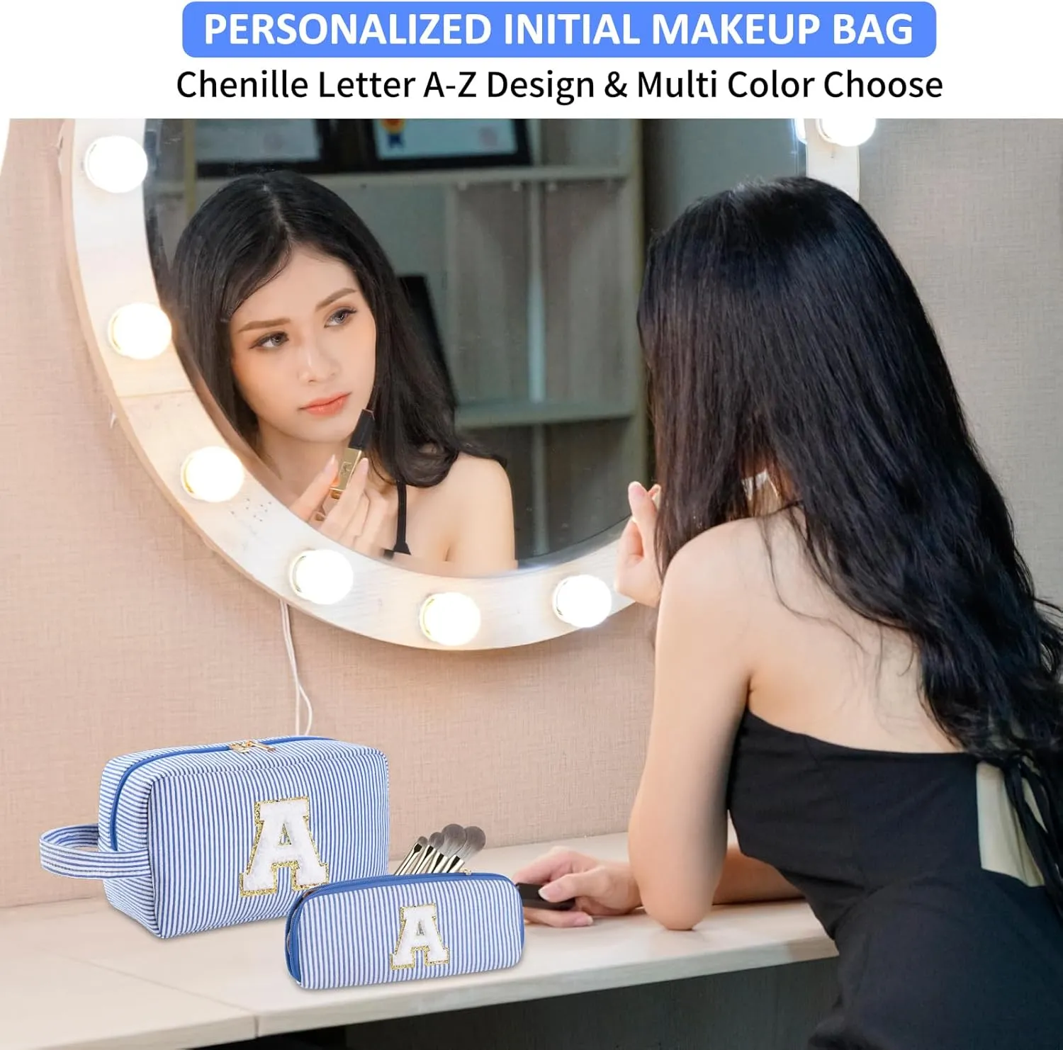 2pcs Personalized Initial Makeup Bag A-Z, Travel Toiletry Bag Preppy Make Up Bags Girls Cute Cosmetic Pouch Makeup Organizer Wedding Birthday Mothers Day Gifts for Women (Blue, H)