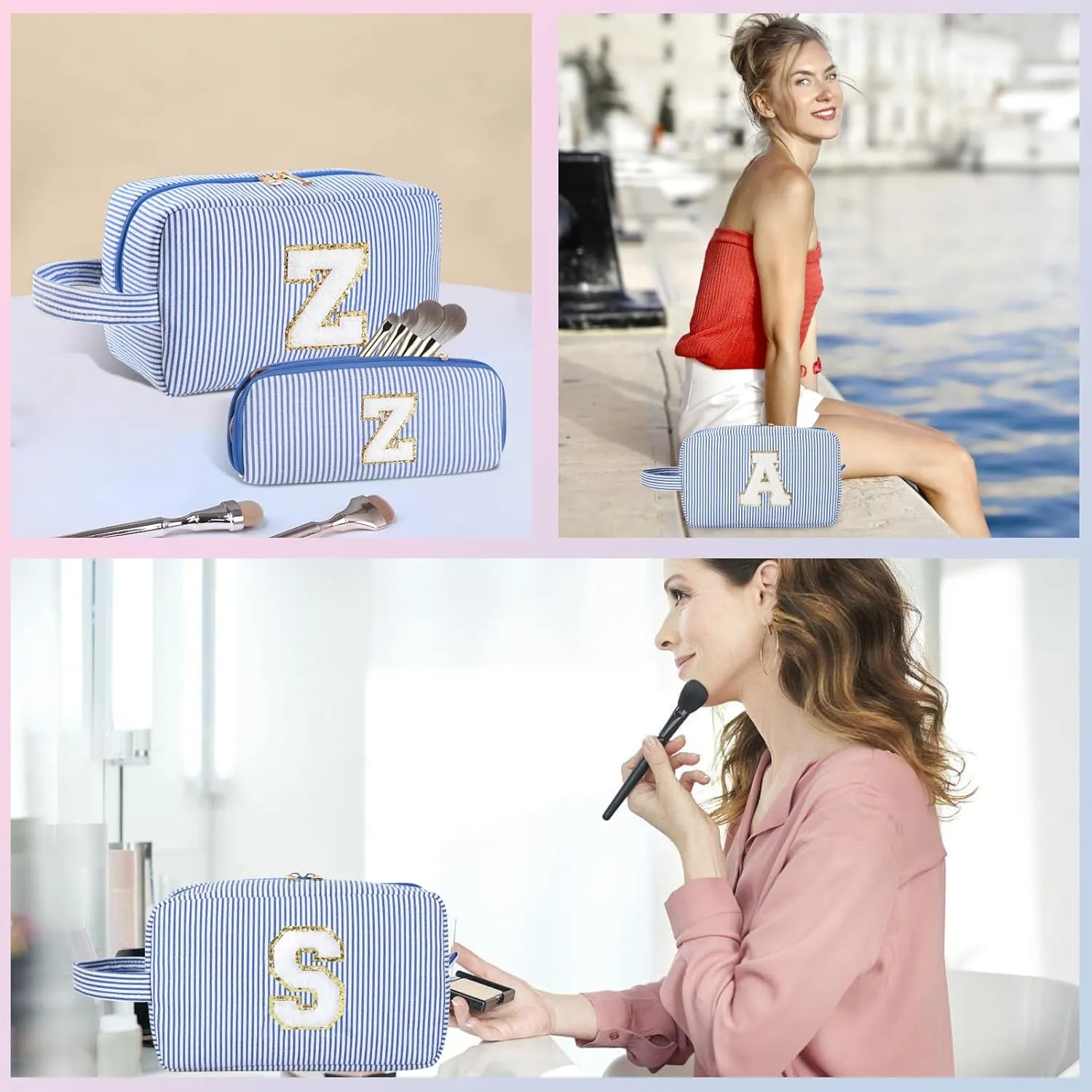 2pcs Personalized Initial Makeup Bag A-Z, Travel Toiletry Bag Preppy Make Up Bags Girls Cute Cosmetic Pouch Makeup Organizer Wedding Birthday Mothers Day Gifts for Women (Blue, H)