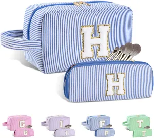2pcs Personalized Initial Makeup Bag A-Z, Travel Toiletry Bag Preppy Make Up Bags Girls Cute Cosmetic Pouch Makeup Organizer Wedding Birthday Mothers Day Gifts for Women (Blue, H)