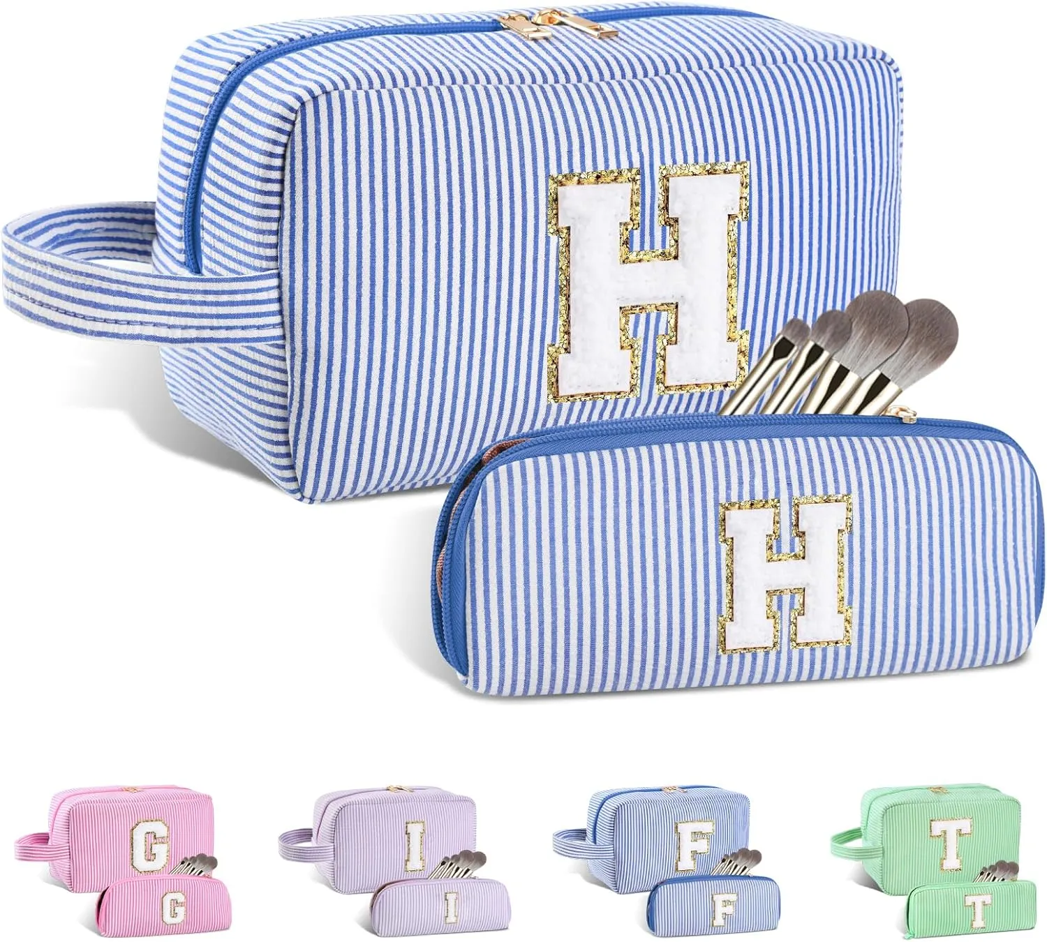 2pcs Personalized Initial Makeup Bag A-Z, Travel Toiletry Bag Preppy Make Up Bags Girls Cute Cosmetic Pouch Makeup Organizer Wedding Birthday Mothers Day Gifts for Women (Blue, H)