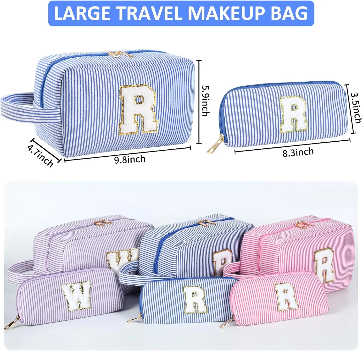 2pcs Personalized Initial Makeup Bag A-Z, Travel Toiletry Bag Preppy Make Up Bags Girls Cute Cosmetic Pouch Makeup Organizer Wedding Birthday Mothers Day Gifts for Women (Blue, H)