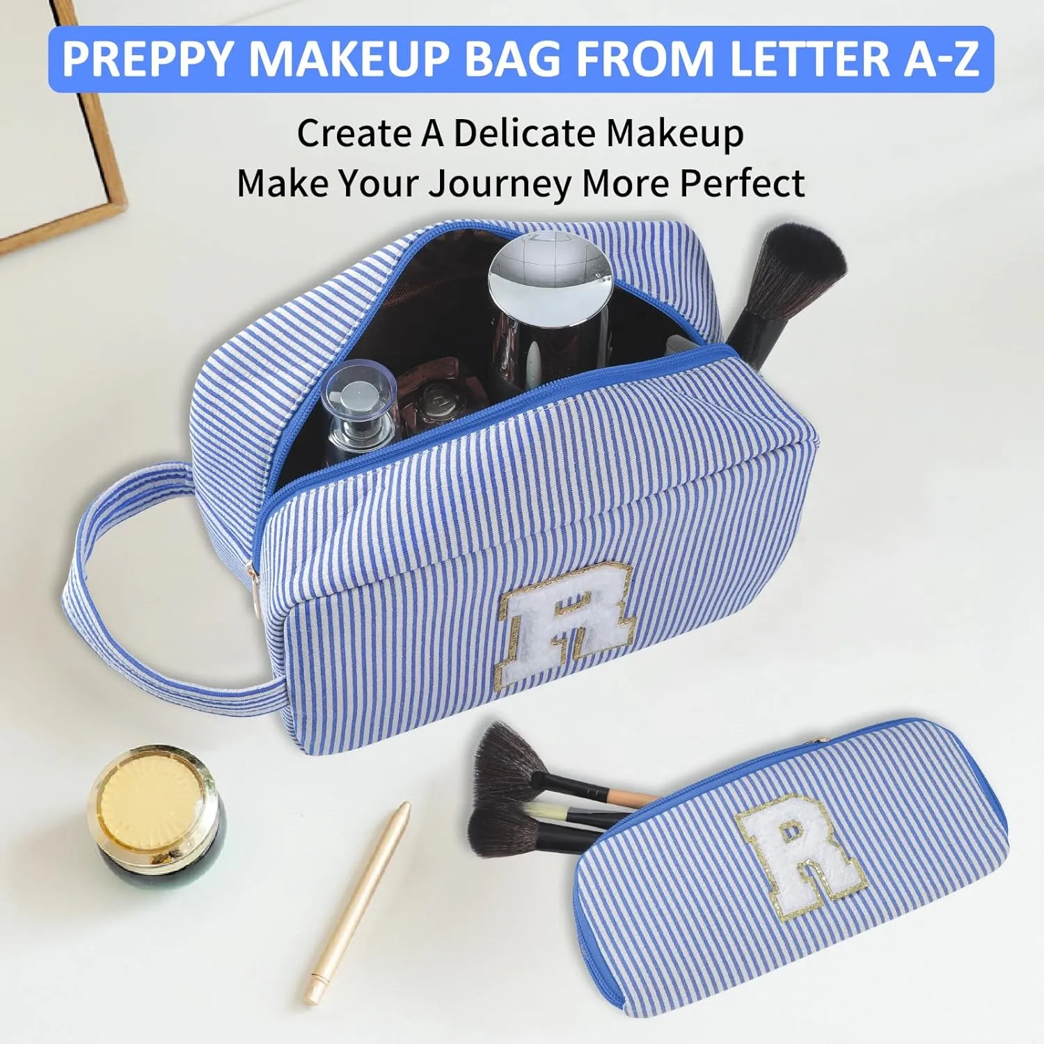 2pcs Personalized Initial Makeup Bag A-Z, Travel Toiletry Bag Preppy Make Up Bags Girls Cute Cosmetic Pouch Makeup Organizer Wedding Birthday Mothers Day Gifts for Women (Blue, H)