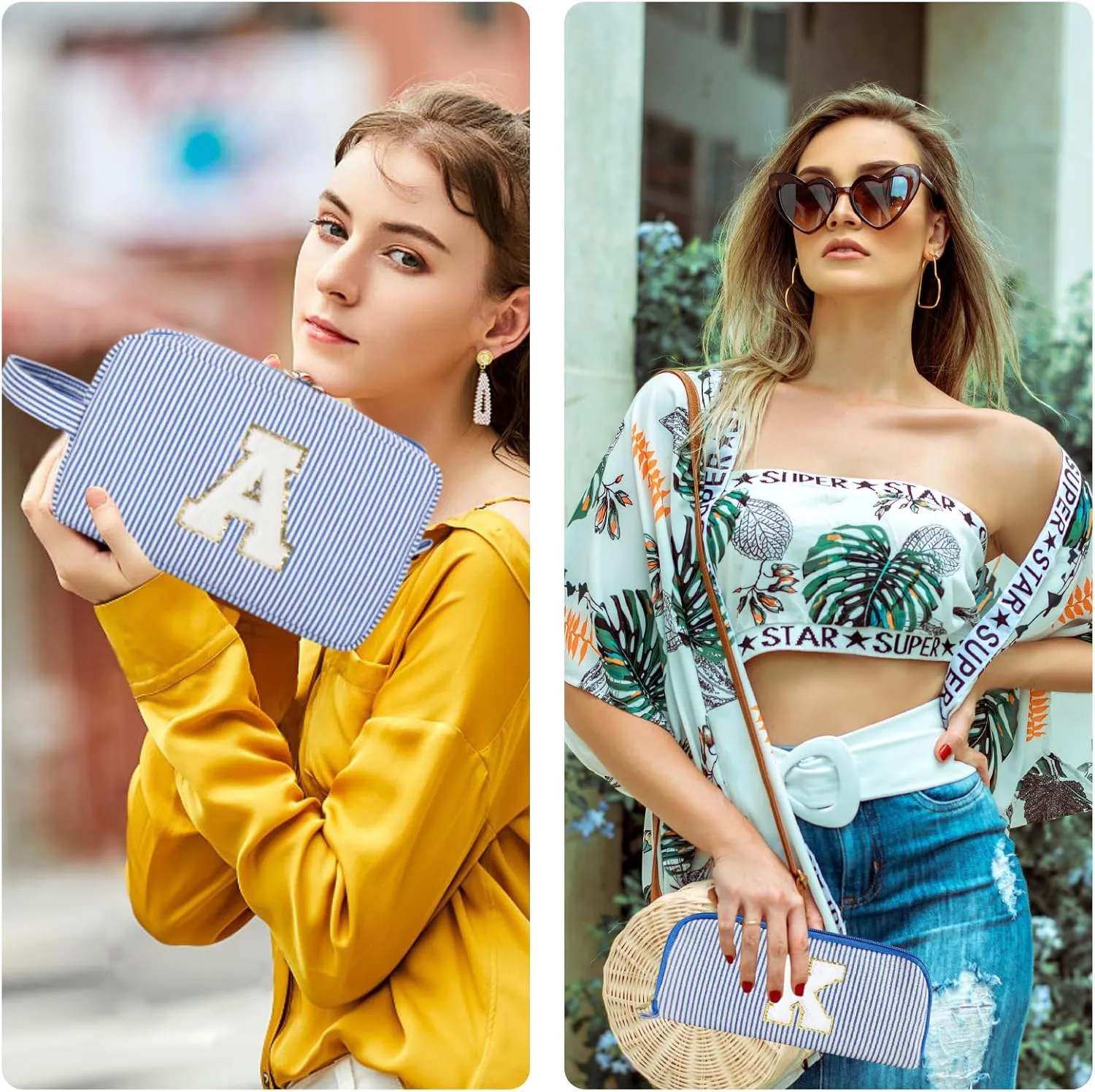 2pcs Personalized Initial Makeup Bag A-Z, Travel Toiletry Bag Preppy Make Up Bags Girls Cute Cosmetic Pouch Makeup Organizer Wedding Birthday Mothers Day Gifts for Women (Blue, H)