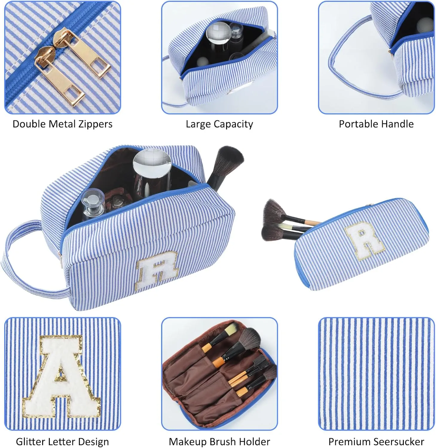 2pcs Personalized Initial Makeup Bag A-Z, Travel Toiletry Bag Preppy Make Up Bags Girls Cute Cosmetic Pouch Makeup Organizer Wedding Birthday Mothers Day Gifts for Women (Blue, H)