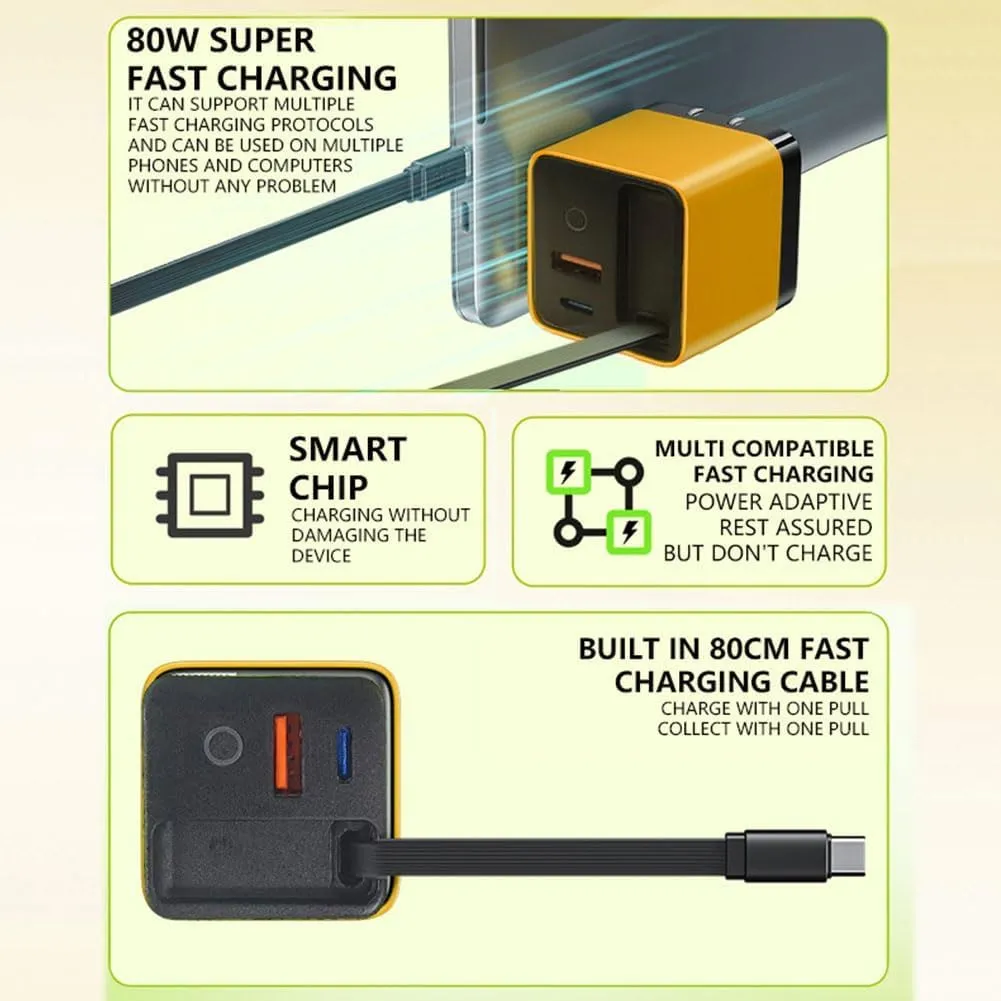 3 in 1 GaN Charger, 2025 New Scalable 80w Max Fast Charger Module with Type C Cable and 2 USB Ports, Retractable Phone Wall Plug for iPhone, Phone and Laptops (Yellow)