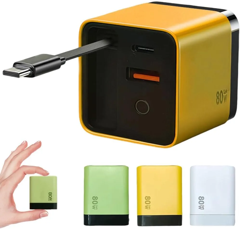 3 in 1 GaN Charger, 2025 New Scalable 80w Max Fast Charger Module with Type C Cable and 2 USB Ports, Retractable Phone Wall Plug for iPhone, Phone and Laptops (Yellow)