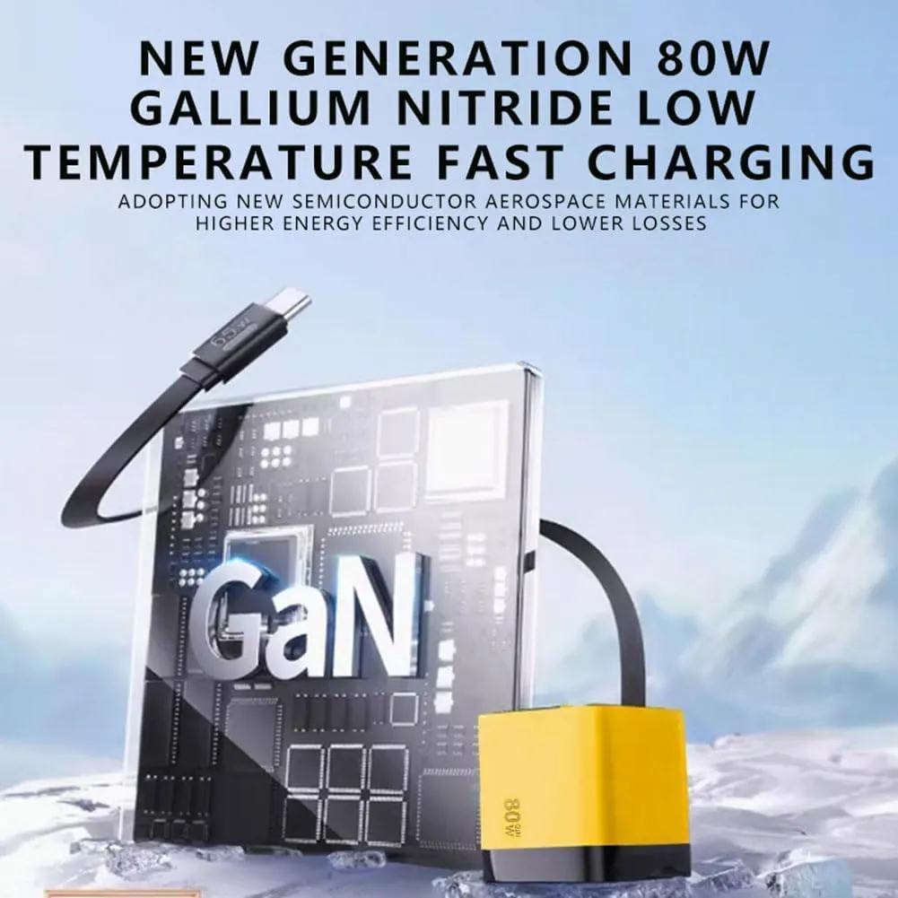 3 in 1 GaN Charger, 2025 New Scalable 80w Max Fast Charger Module with Type C Cable and 2 USB Ports, Retractable Phone Wall Plug for iPhone, Phone and Laptops (Yellow)