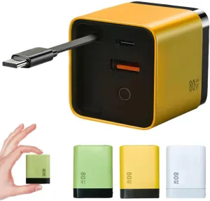 3 in 1 GaN Charger, 2025 New Scalable 80w Max Fast Charger Module with Type C Cable and 2 USB Ports, Retractable Phone Wall Plug for iPhone, Phone and Laptops (Yellow)
