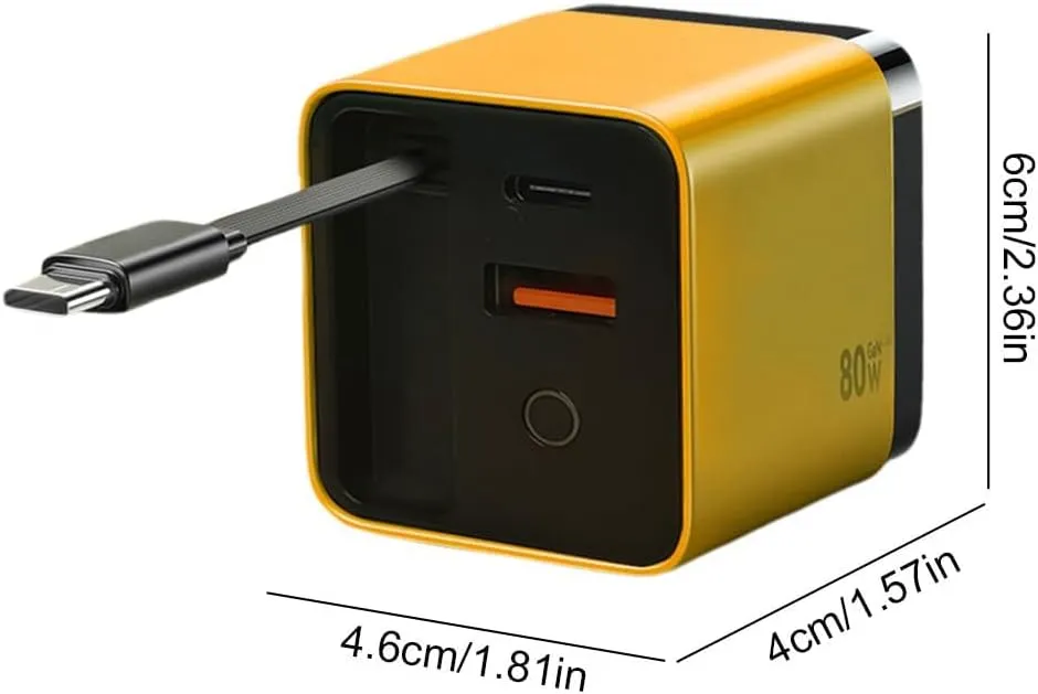 3 in 1 GaN Charger, 2025 New Scalable 80w Max Fast Charger Module with Type C Cable and 2 USB Ports, Retractable Phone Wall Plug for iPhone, Phone and Laptops (Yellow)