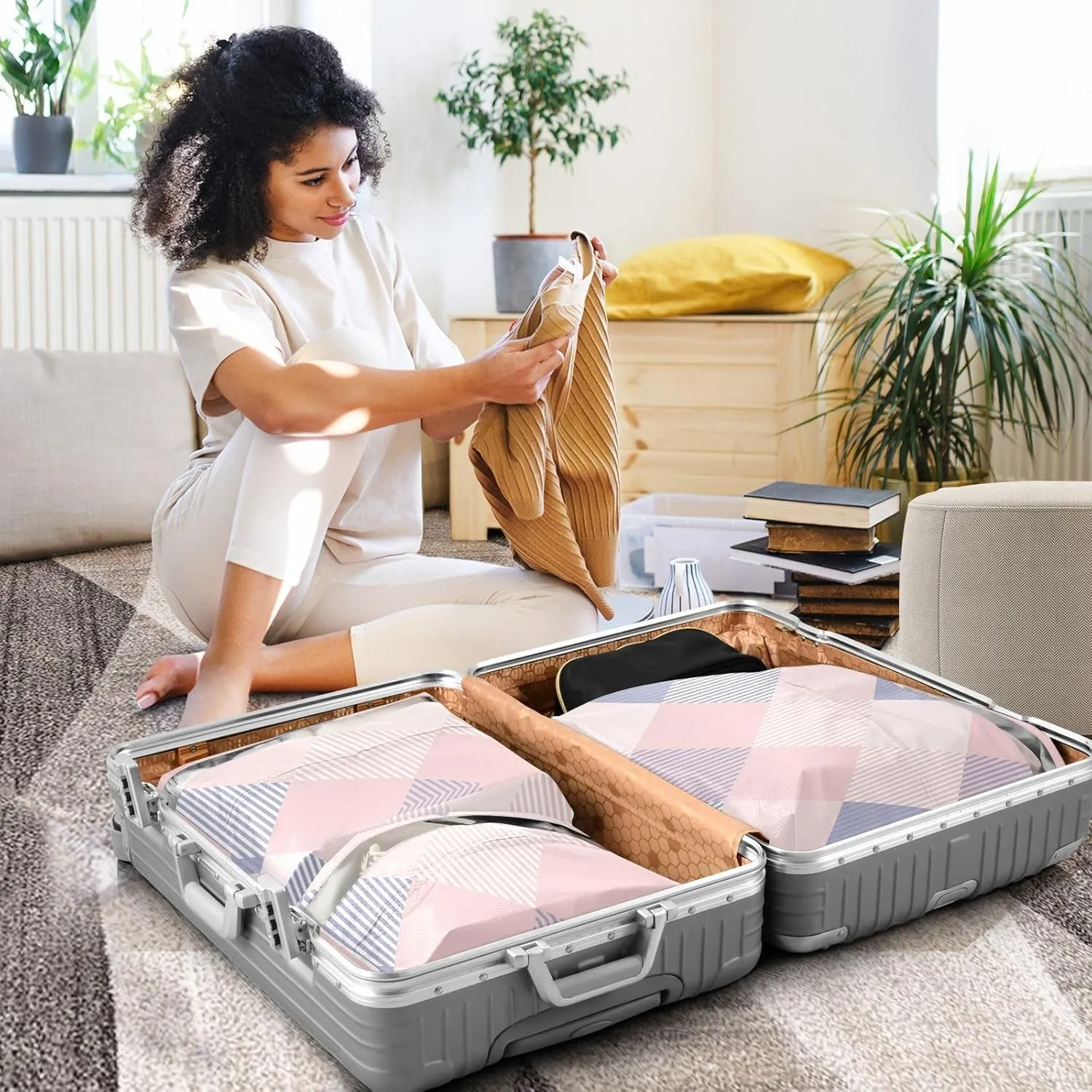 3 Set Travel Packing Cubes For Suitcases, Tartan Plaid Blue Pink, Stackable, Garment Bag Closet Storage, Luggage Space Saver, Organizadores De Maletas Para
