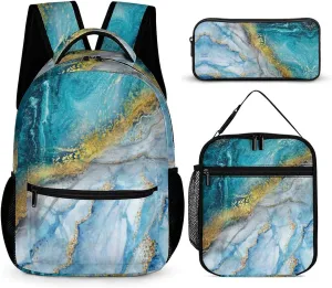 3PCS Marble Backpack Set, Lightweight Durable Daypack Cute Laptop Bag with Lunch Bags, Stylish Shoulders Backpack with Multiple Pockets(Blue Marble)