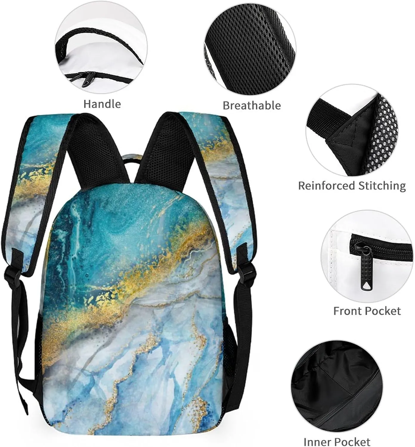 3PCS Marble Backpack Set, Lightweight Durable Daypack Cute Laptop Bag with Lunch Bags, Stylish Shoulders Backpack with Multiple Pockets(Blue Marble)
