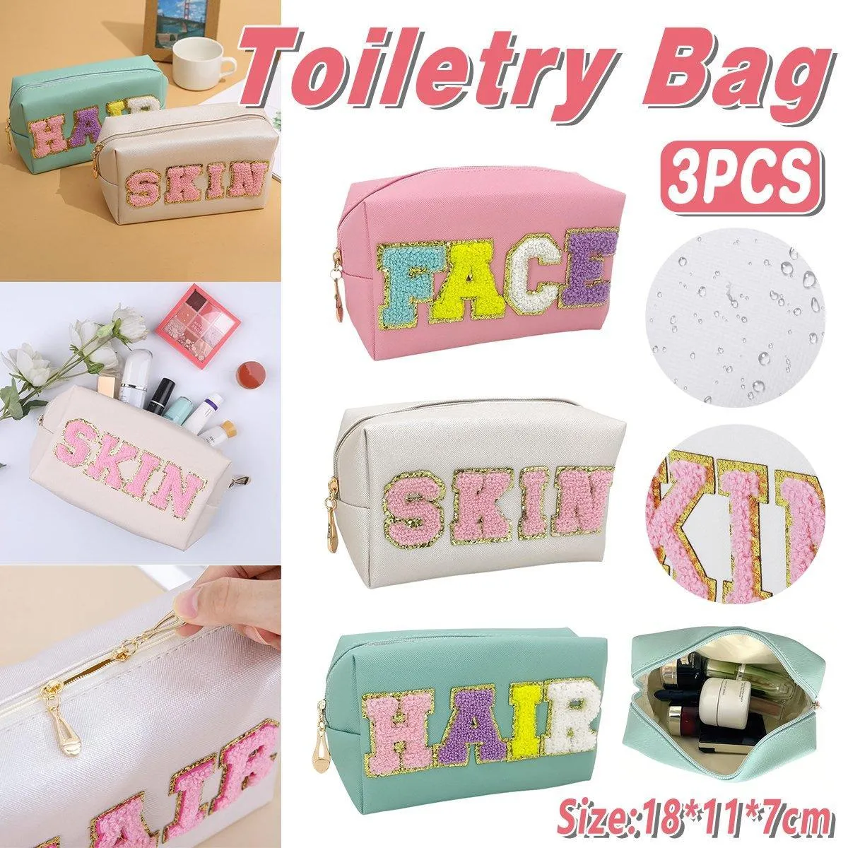 3PCS Waterproof Cosmetic Bag Large Capacity Toiletry Organizer Portable Bag