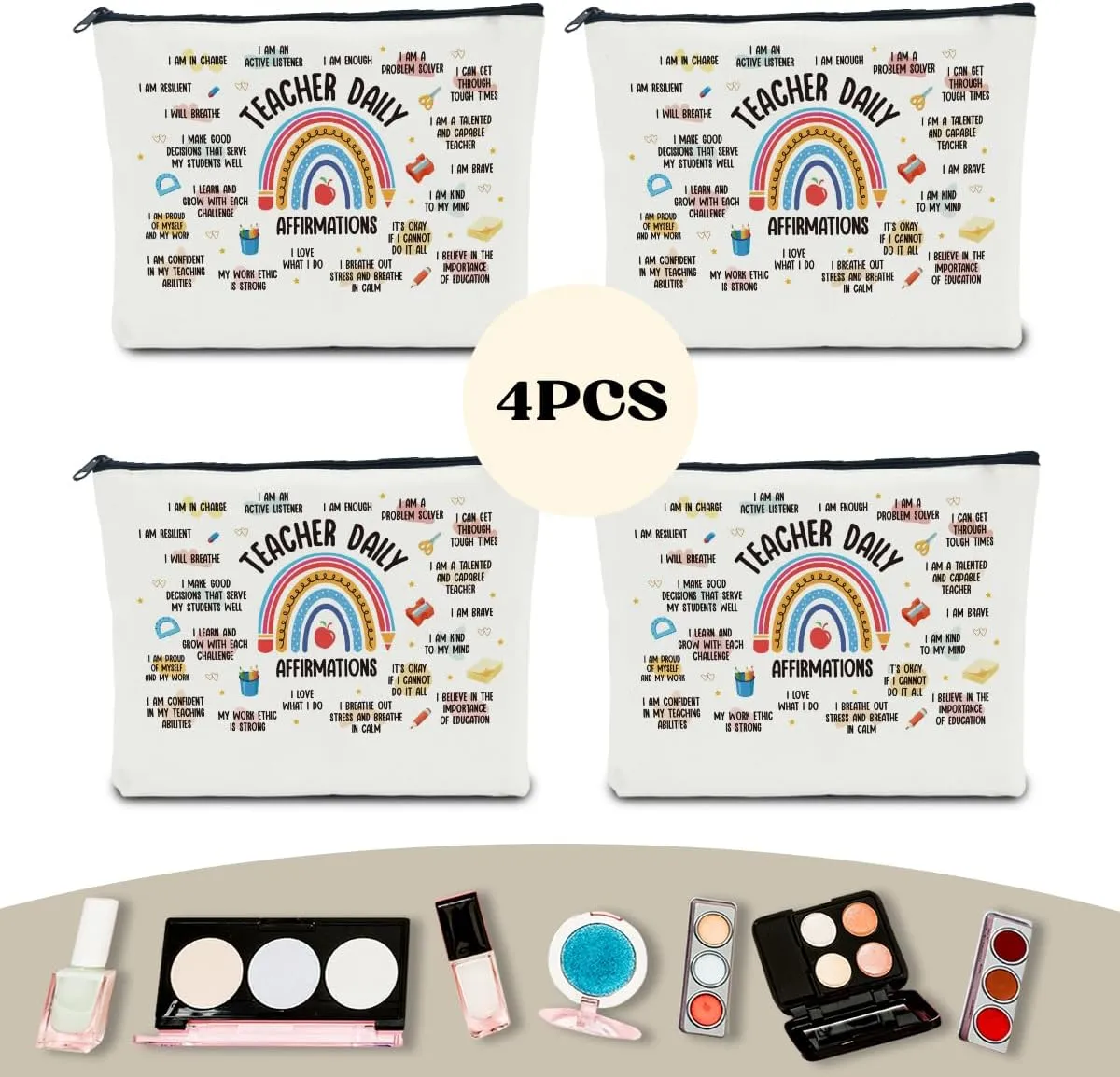 4 PCS Teacher Appreciation Makeup Bag - Gifts for Women Educators, Mentors - Graduation, Retirement, Christmas - Travel Toiletry Cosmetic Bag