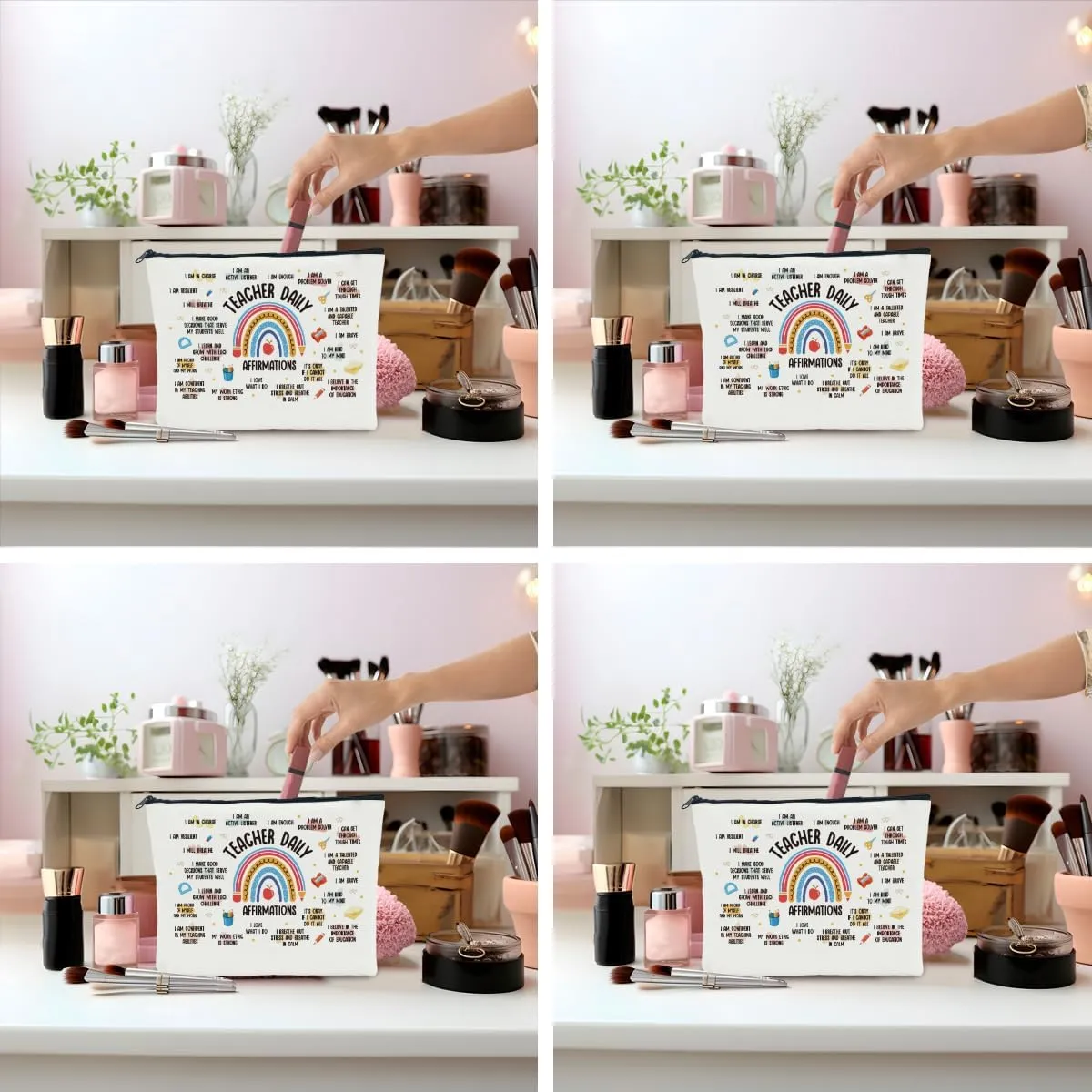 4 PCS Teacher Appreciation Makeup Bag - Gifts for Women Educators, Mentors - Graduation, Retirement, Christmas - Travel Toiletry Cosmetic Bag