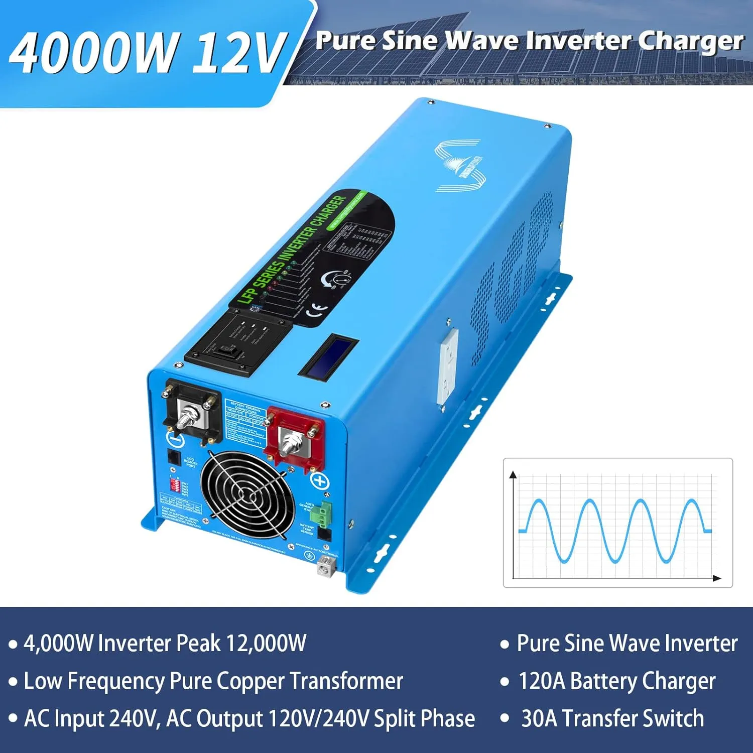 4000W 12V Inverter Charger,Peak 12000W,240Vac Input, 120V/240Vac Output Split Phase,Low Frequency,Pure Sine Wave Inverter, LCD Remote Controller,for Off Grid System(Upgraded Version)