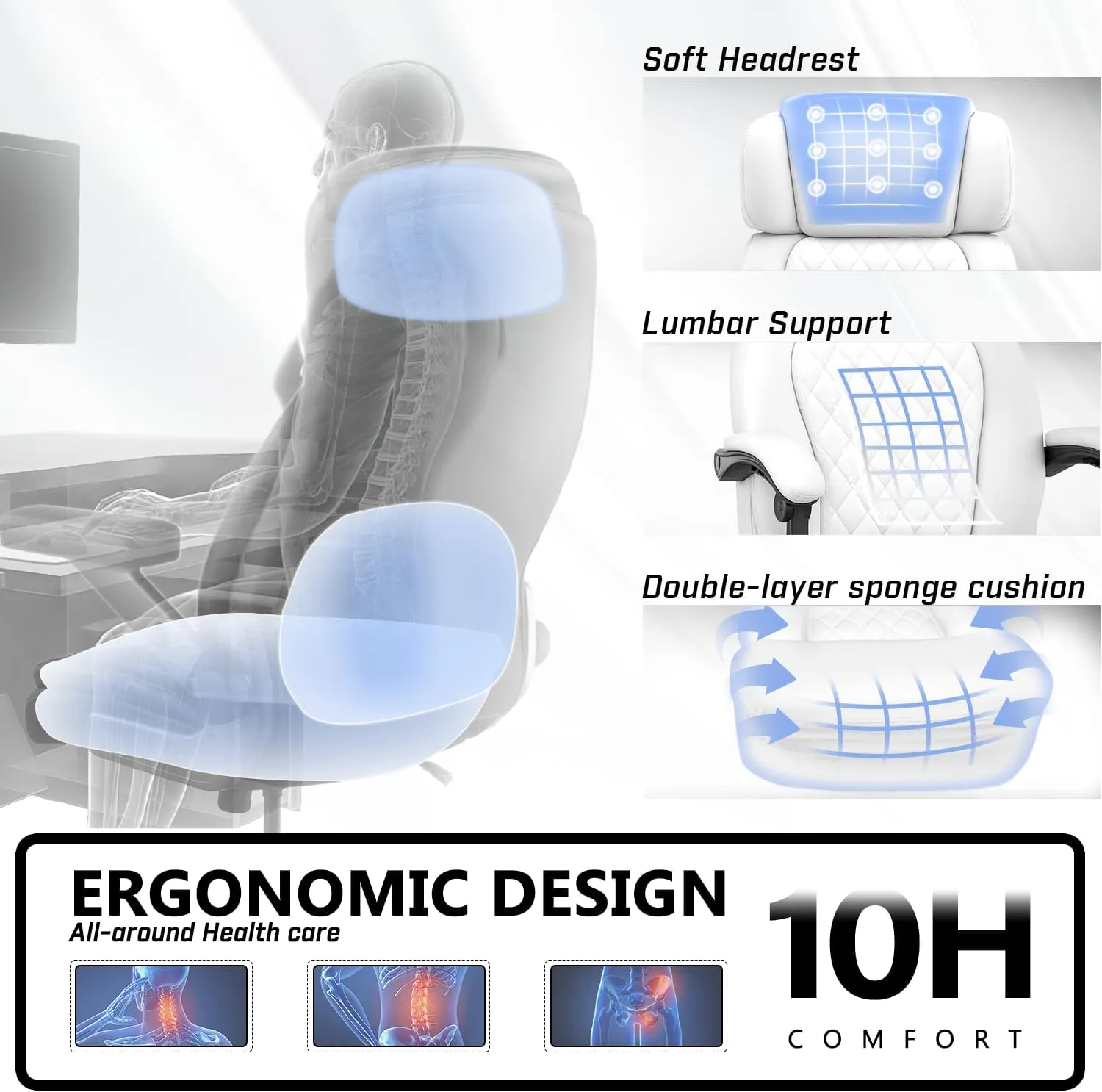 400lbs Executive Office Chair with Foot Rest for Heavy People, Ergonomic Big and Tall Desk Chair with Adjustable Headrest, High Back PU Leather Comfy Heavy Duty Computer Chair