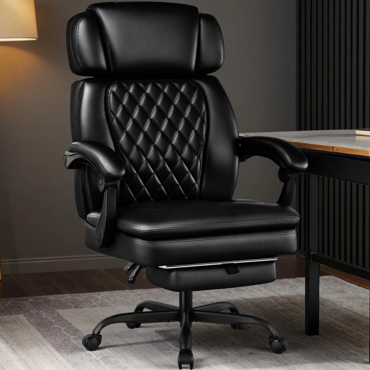 400lbs Executive Office Chair with Foot Rest for Heavy People, Ergonomic Big and Tall Desk Chair with Adjustable Headrest, High Back PU Leather Comfy Heavy Duty Computer Chair