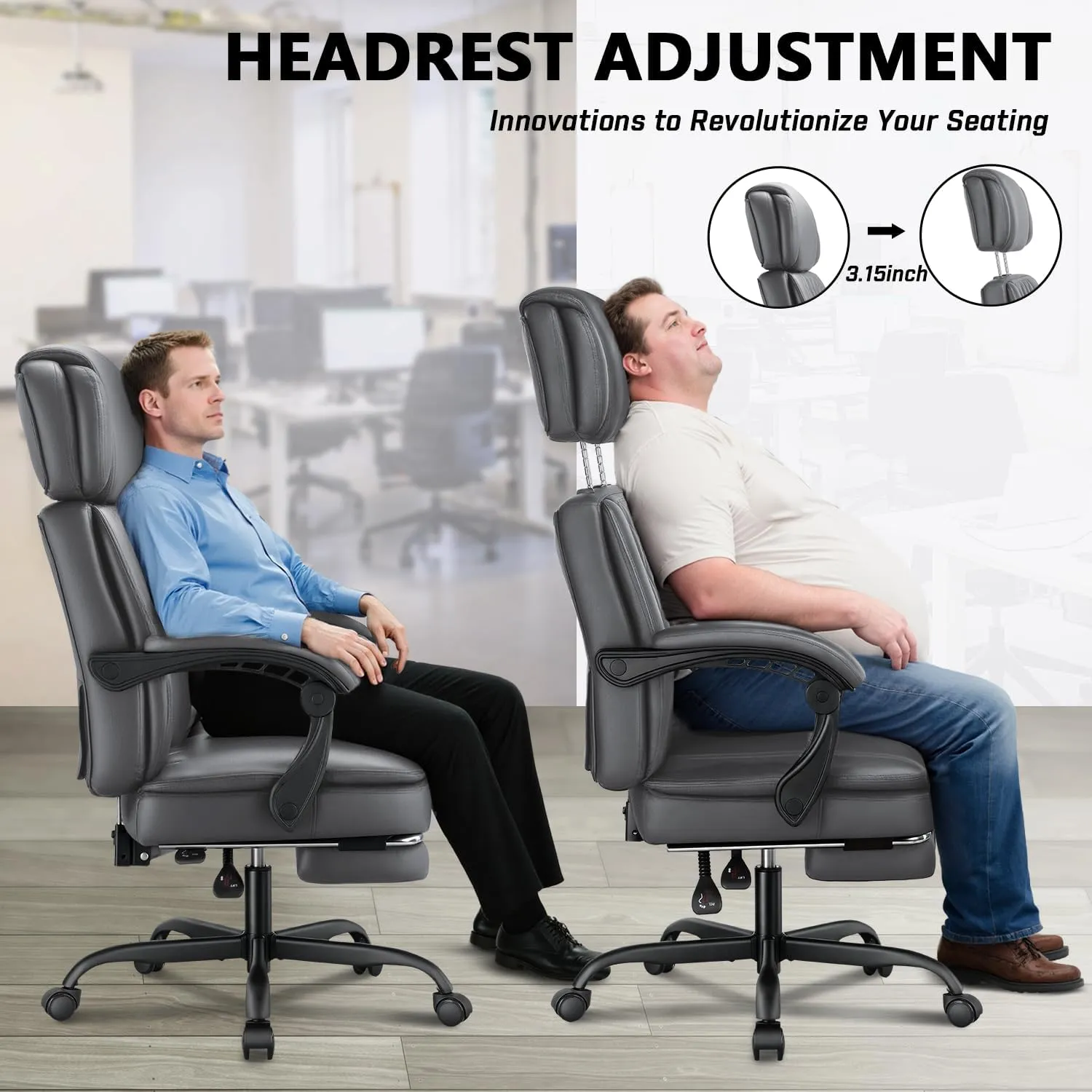 400lbs Office Chair with Foot Rest, Ergonomic Big and Tall Office Chair with Adjustable Headrest, High Back PU Leather Computer Chair,Comfy Heavy Duty Office Desk Chair for Heavy People (Grey)