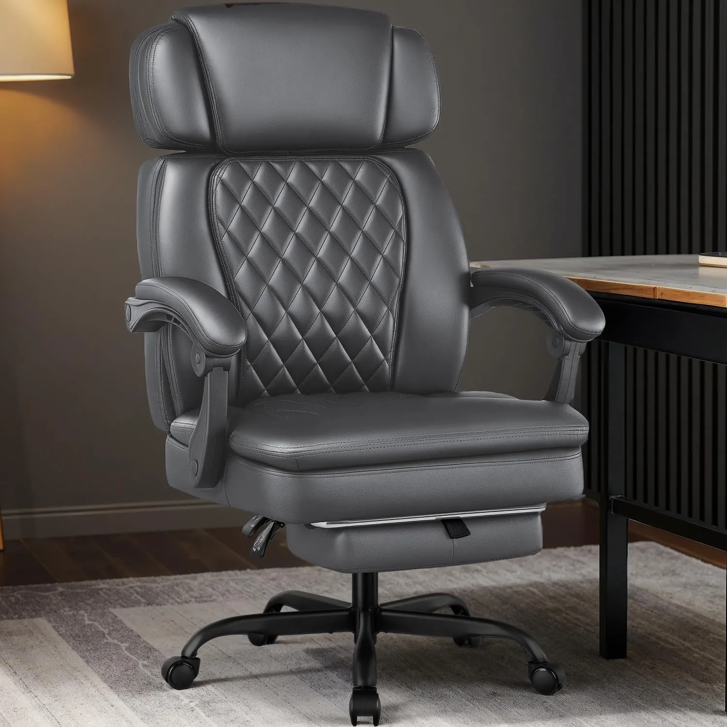 400lbs Office Chair with Foot Rest, Ergonomic Big and Tall Office Chair with Adjustable Headrest, High Back PU Leather Computer Chair,Comfy Heavy Duty Office Desk Chair for Heavy People (Grey)