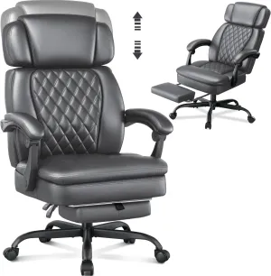 400lbs Office Chair with Foot Rest, Ergonomic Big and Tall Office Chair with Adjustable Headrest, High Back PU Leather Computer Chair,Comfy Heavy Duty Office Desk Chair for Heavy People (Grey)