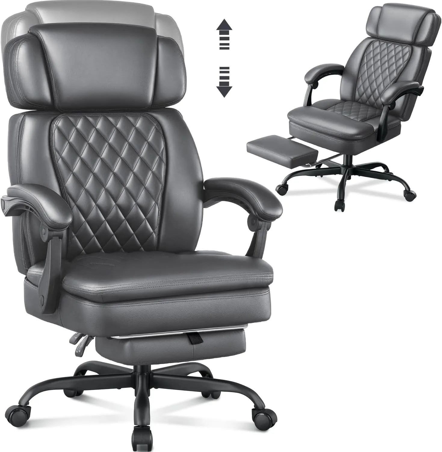 400lbs Office Chair with Foot Rest, Ergonomic Big and Tall Office Chair with Adjustable Headrest, High Back PU Leather Computer Chair,Comfy Heavy Duty Office Desk Chair for Heavy People (Grey)