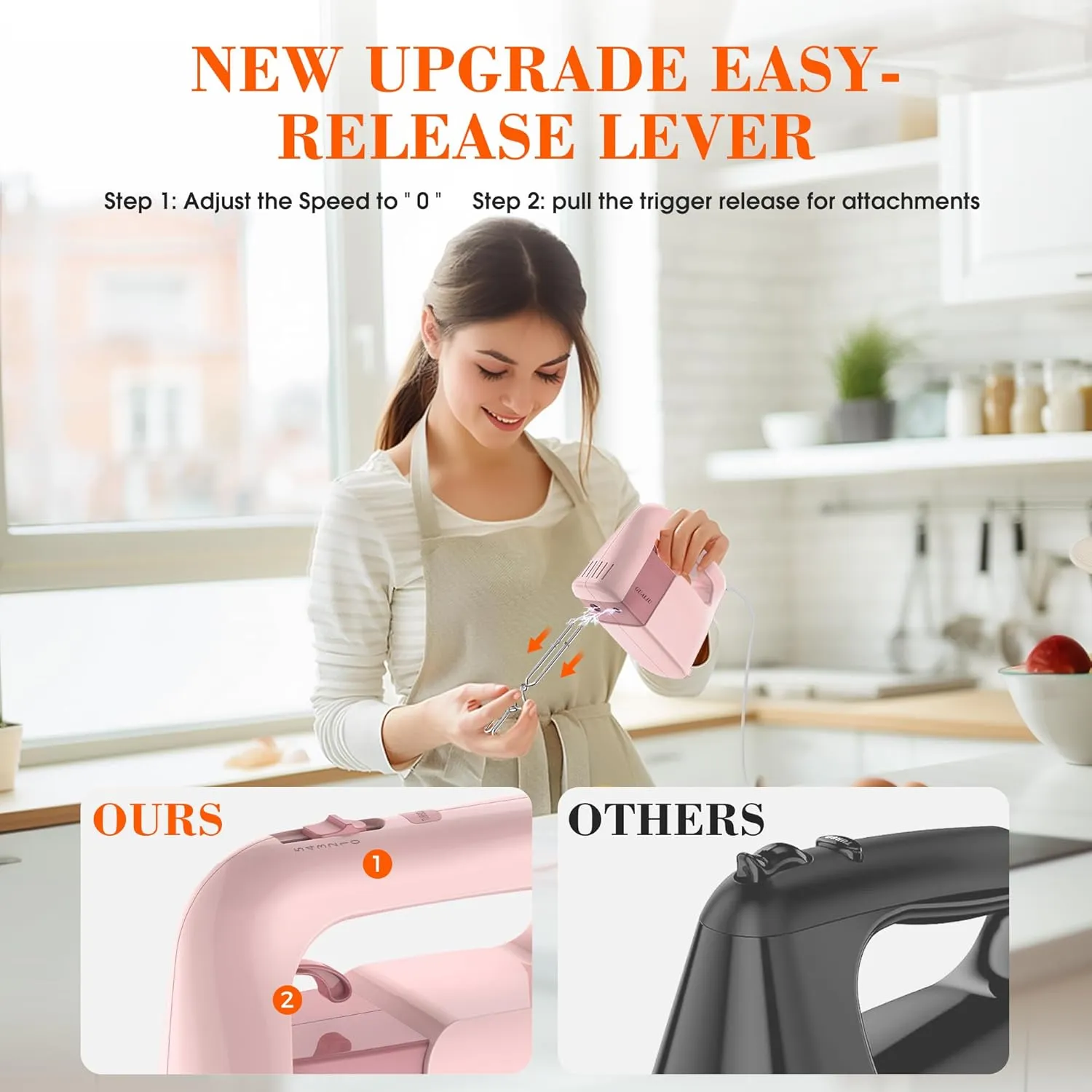 450W Electric Hand Mixer, 5-Speed Large Handheld Mixer Food Mixer with 304 Stainless Steel Whisk Beaters, Dough Hooks & Storage Bag, Kitchen Blender for Baking & Cooking, Turbo Boost/Pink
