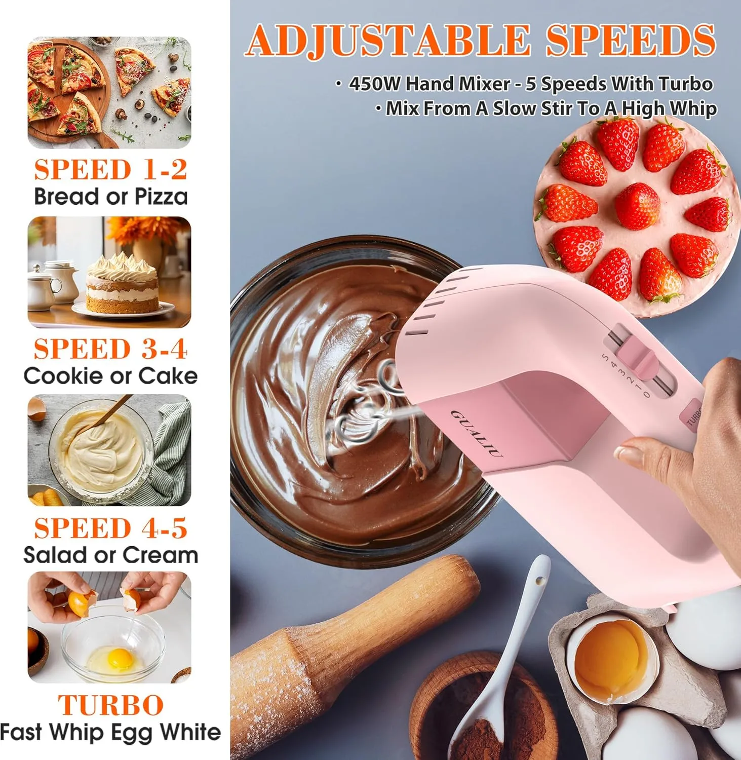 450W Electric Hand Mixer, 5-Speed Large Handheld Mixer Food Mixer with 304 Stainless Steel Whisk Beaters, Dough Hooks & Storage Bag, Kitchen Blender for Baking & Cooking, Turbo Boost/Pink