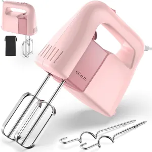 450W Electric Hand Mixer, 5-Speed Large Handheld Mixer Food Mixer with 304 Stainless Steel Whisk Beaters, Dough Hooks & Storage Bag, Kitchen Blender for Baking & Cooking, Turbo Boost/Pink