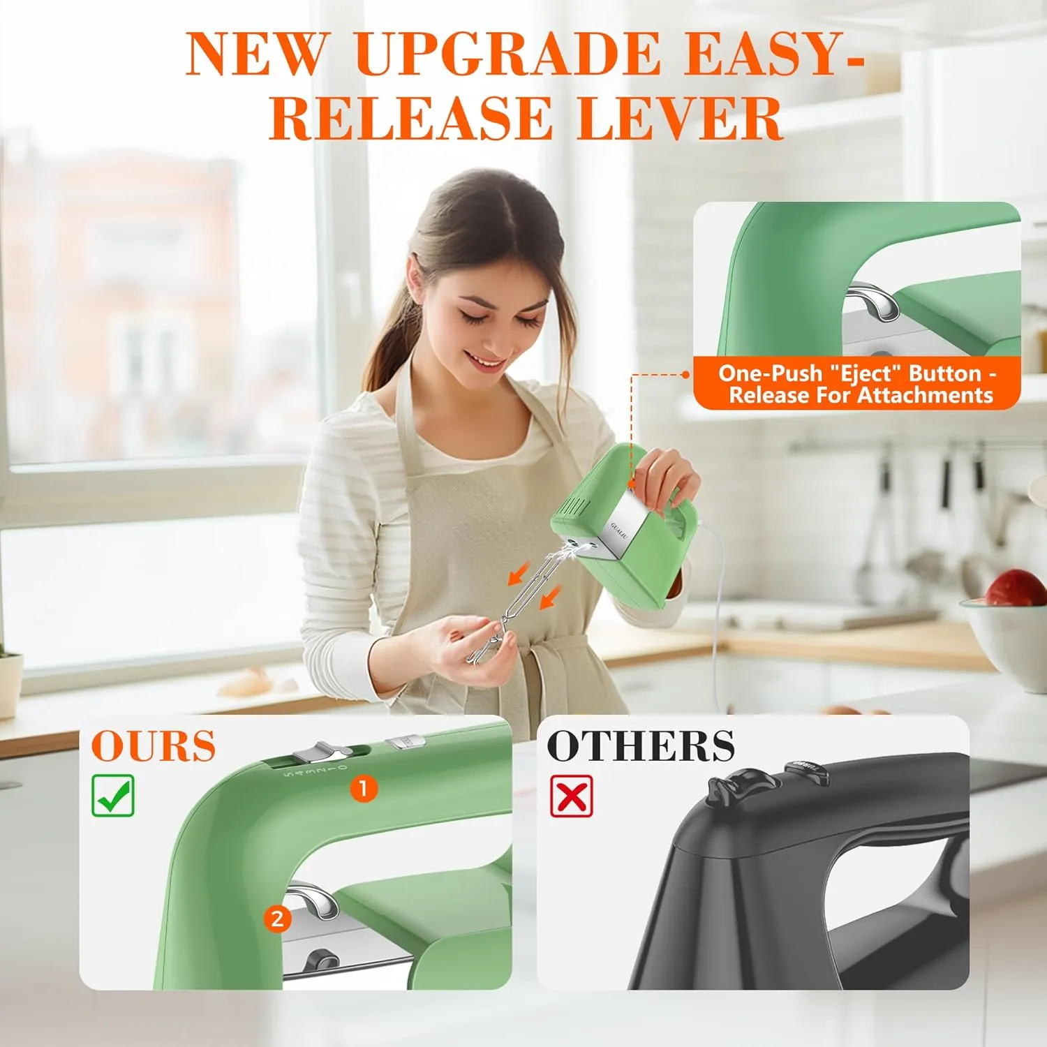 450W Hand Mixer Electric, 5-Speed Large Handheld Mixer Food Mixer with 304 Stainless Steel Beaters, Dough Hooks & Storage Bag, Kitchen Blender for Baking & Cooking, Turbo Boost/Mustard Green