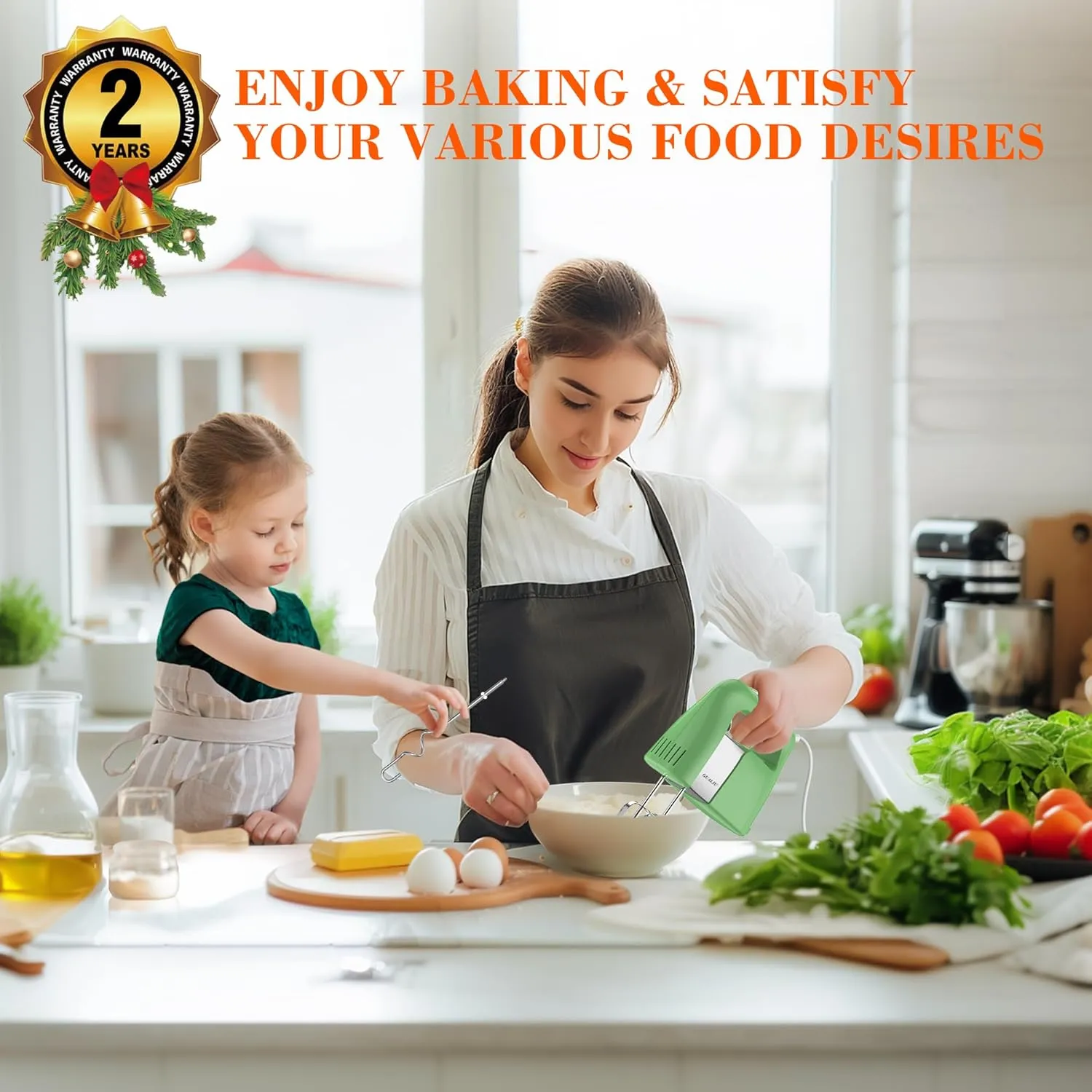 450W Hand Mixer Electric, 5-Speed Large Handheld Mixer Food Mixer with 304 Stainless Steel Beaters, Dough Hooks & Storage Bag, Kitchen Blender for Baking & Cooking, Turbo Boost/Mustard Green