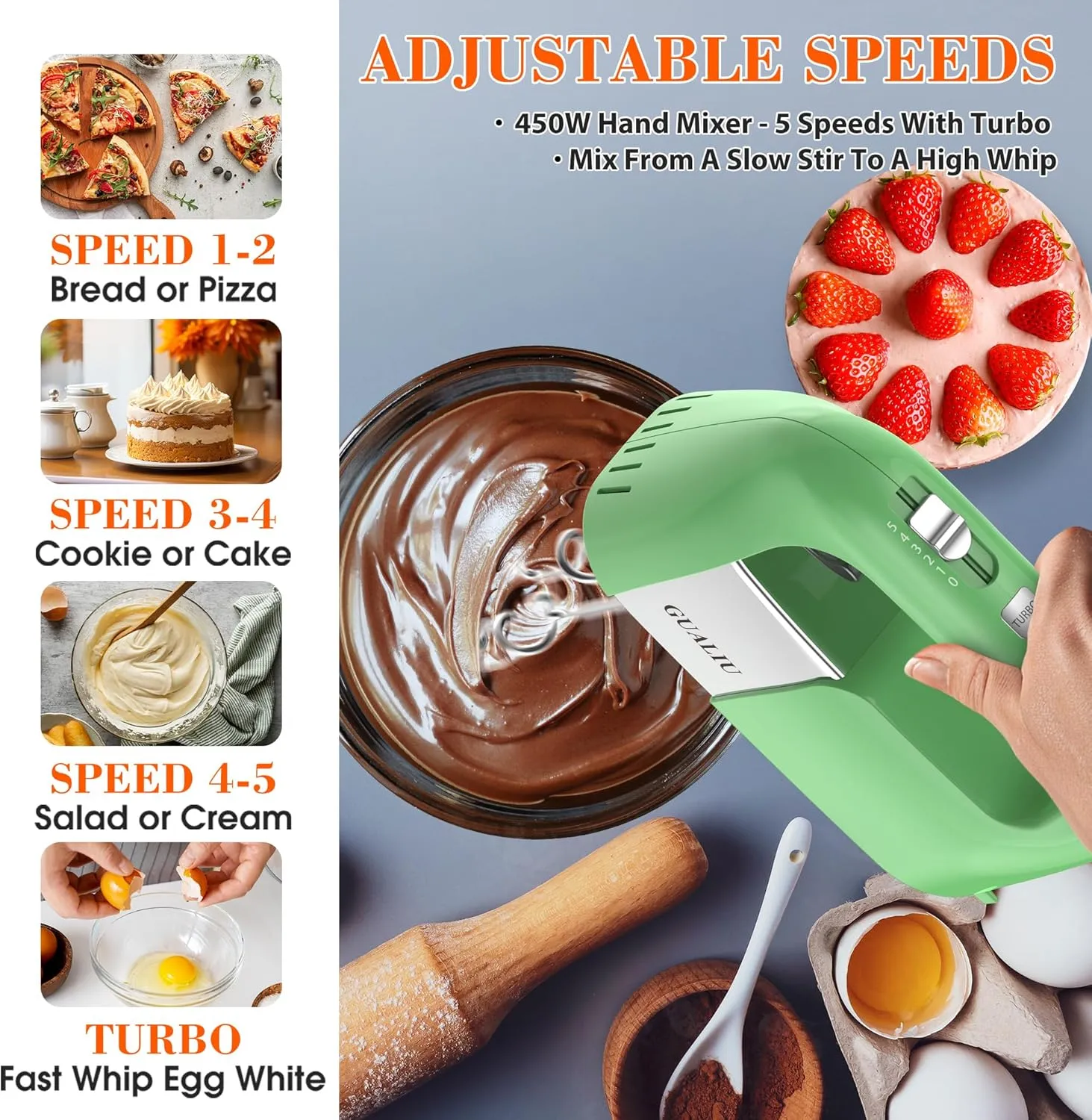 450W Hand Mixer Electric, 5-Speed Large Handheld Mixer Food Mixer with 304 Stainless Steel Beaters, Dough Hooks & Storage Bag, Kitchen Blender for Baking & Cooking, Turbo Boost/Mustard Green