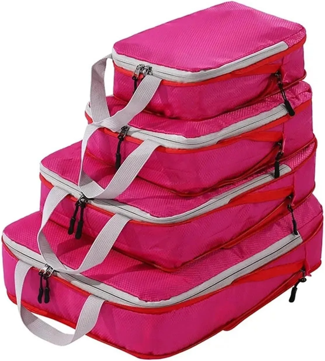 4PC Compressible Packing Box Foldable Travel Organizer Waterproof Nylon Portable Carrying Luggage Storage Case Best travel must haves(Pink)
