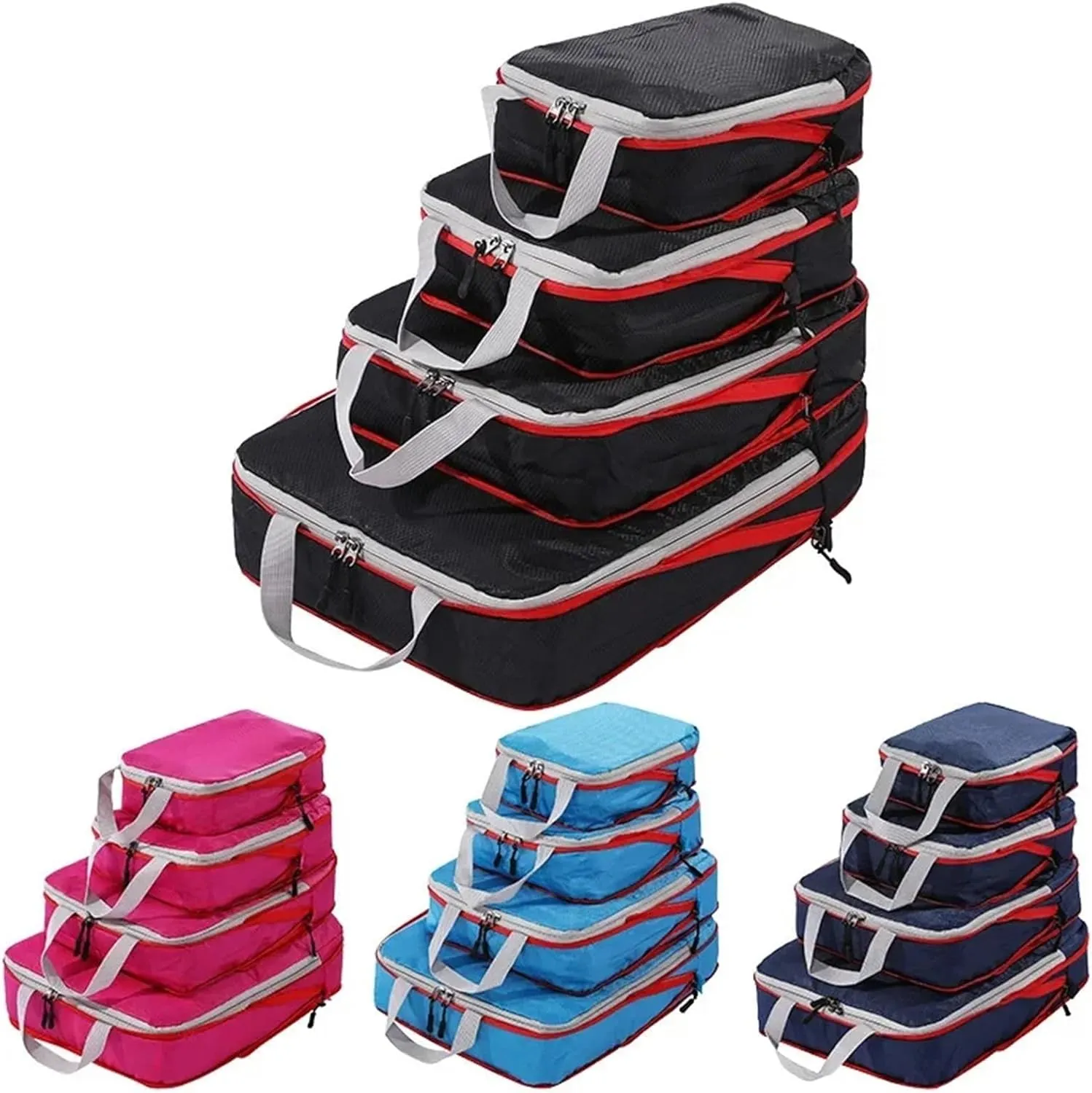 4PC Compressible Packing Box Foldable Travel Organizer Waterproof Nylon Portable Carrying Luggage Storage Case Best travel must haves(Pink)