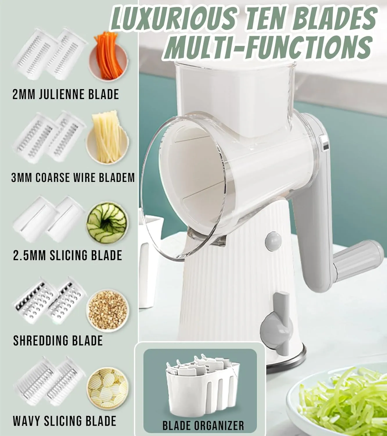 5 In 1 Rotary Cheese Grater Vegetable Slicer for Kitchen, Potato Ricer Microplane, Carrot Shredder Tool-Food Shredders with 5 Sets Interchangeable Blades And Strong Suction Base (White)