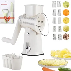 5 In 1 Rotary Cheese Grater Vegetable Slicer for Kitchen, Potato Ricer Microplane, Carrot Shredder Tool-Food Shredders with 5 Sets Interchangeable Blades And Strong Suction Base (White)