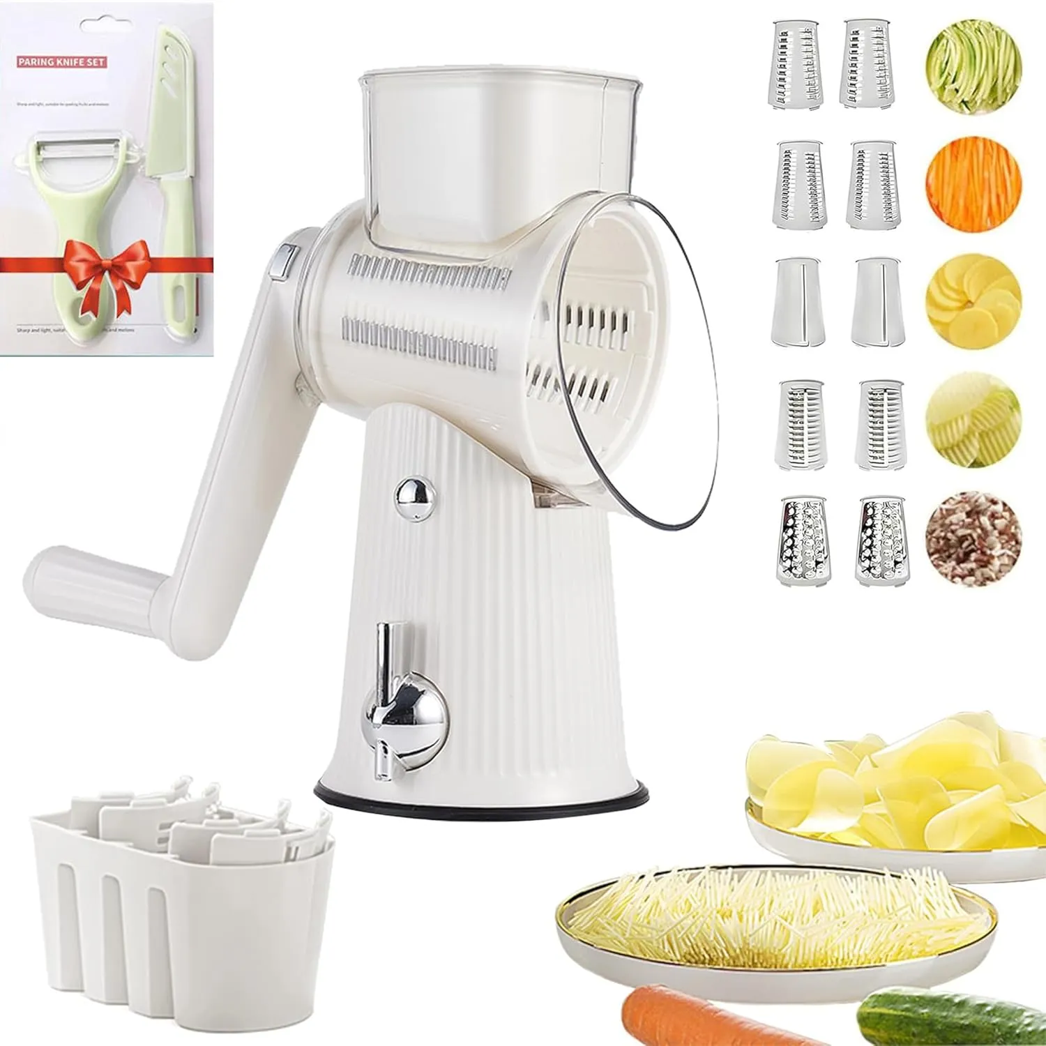 5 In 1 Rotary Cheese Grater Vegetable Slicer for Kitchen, Potato Ricer Microplane, Carrot Shredder Tool-Food Shredders with 5 Sets Interchangeable Blades And Strong Suction Base (White)