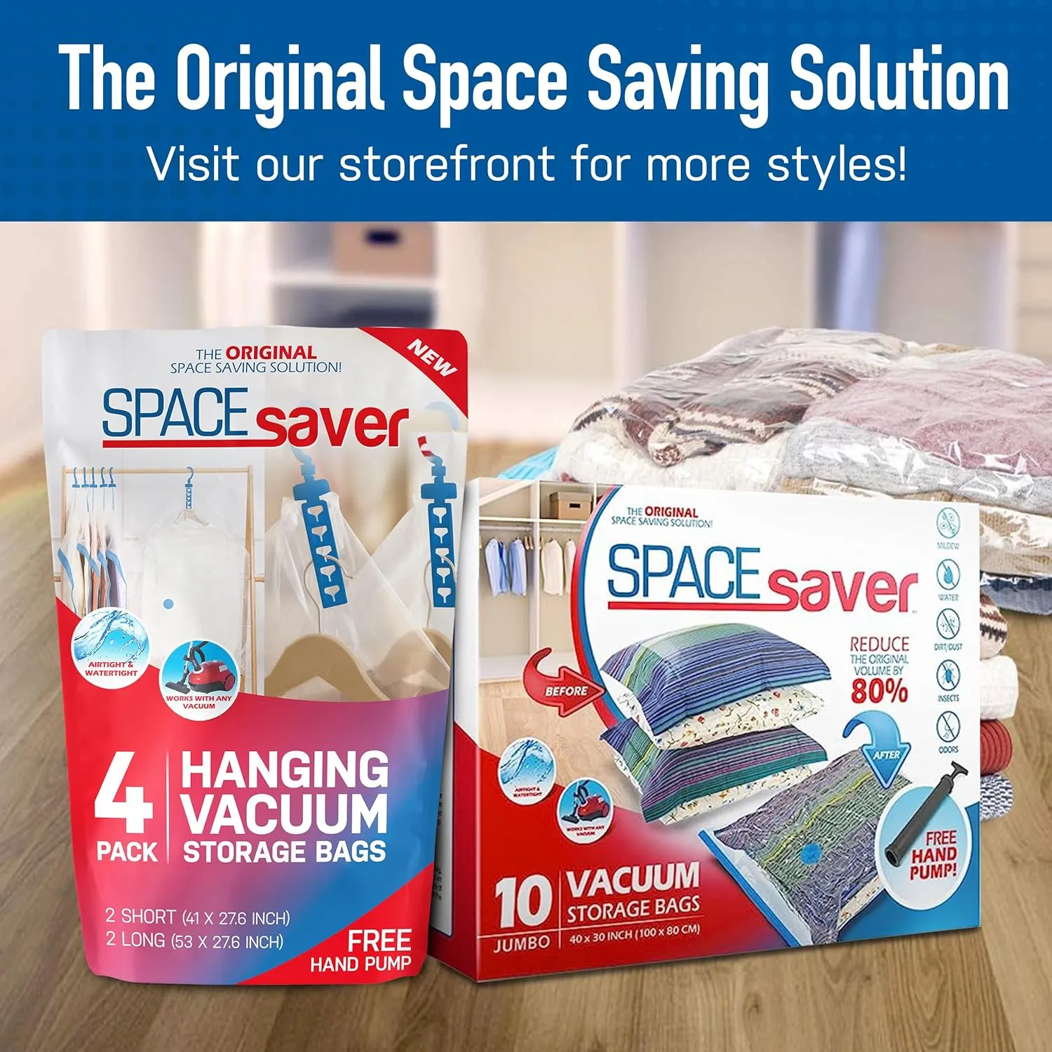6 Pack Jumbo Vacuum Storage Bags for Comforters, Blankets & Clothes – Jumbo Vacuum Sealed Compression Bags with Hand Pump – Space Saver Storage Bags for Bedding, Moving, Travel & Organization