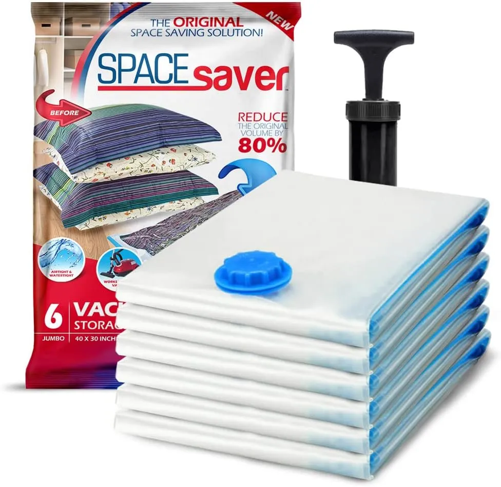 6 Pack Jumbo Vacuum Storage Bags for Comforters, Blankets & Clothes – Jumbo Vacuum Sealed Compression Bags with Hand Pump – Space Saver Storage Bags for Bedding, Moving, Travel & Organization