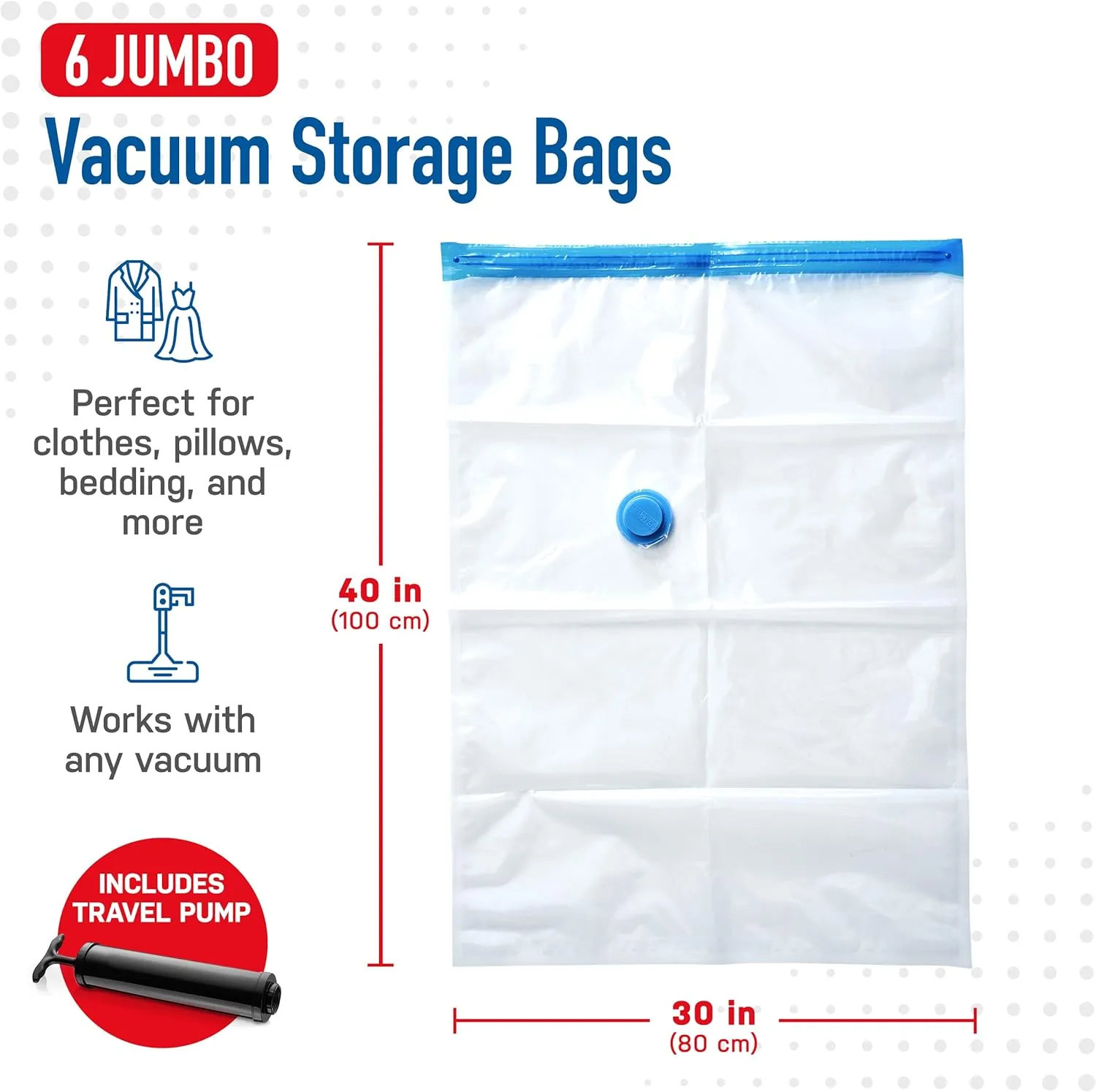 6 Pack Jumbo Vacuum Storage Bags for Comforters, Blankets & Clothes – Jumbo Vacuum Sealed Compression Bags with Hand Pump – Space Saver Storage Bags for Bedding, Moving, Travel & Organization