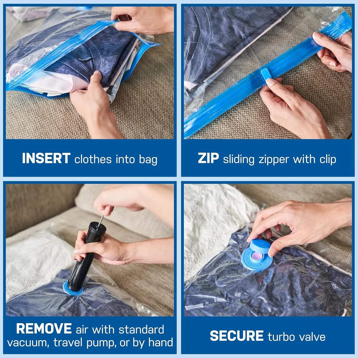6 Pack Jumbo Vacuum Storage Bags for Comforters, Blankets & Clothes – Jumbo Vacuum Sealed Compression Bags with Hand Pump – Space Saver Storage Bags for Bedding, Moving, Travel & Organization