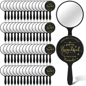 60 Pcs Small Handheld Mirror Bulk Inspirational Compact Portable Travel Makeup Mini Round Mirror with Handle Employee Appreciation Gifts for Women Coworker Friend(Black)