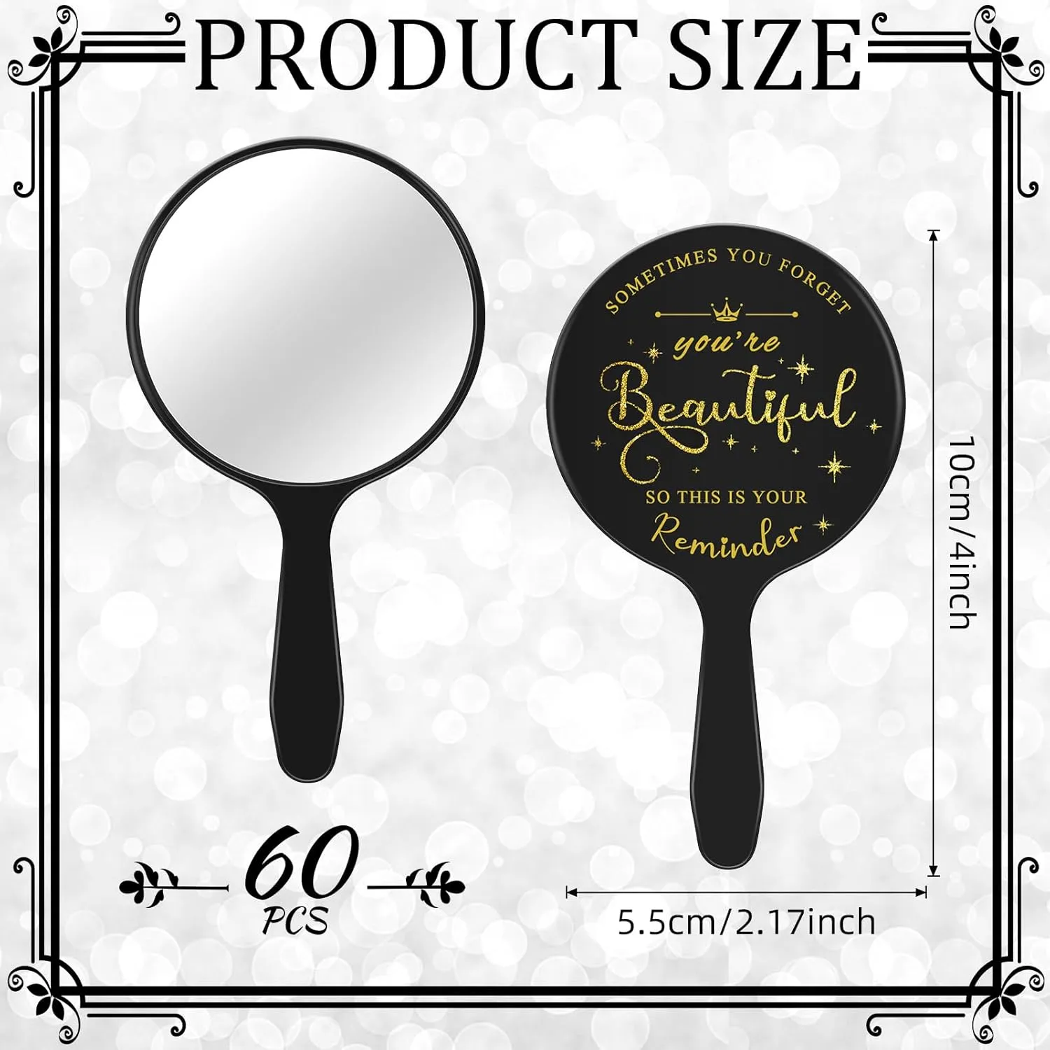 60 Pcs Small Handheld Mirror Bulk Inspirational Compact Portable Travel Makeup Mini Round Mirror with Handle Employee Appreciation Gifts for Women Coworker Friend(Black)