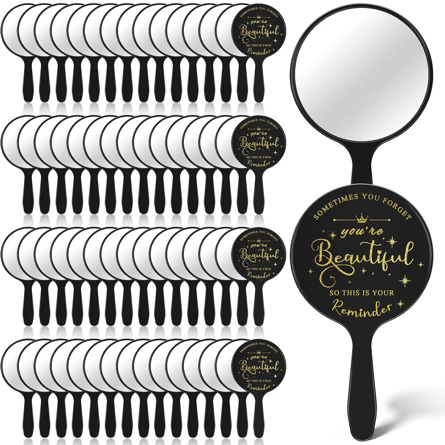 60 Pcs Small Handheld Mirror Bulk Inspirational Compact Portable Travel Makeup Mini Round Mirror with Handle Employee Appreciation Gifts for Women Coworker Friend(Black)