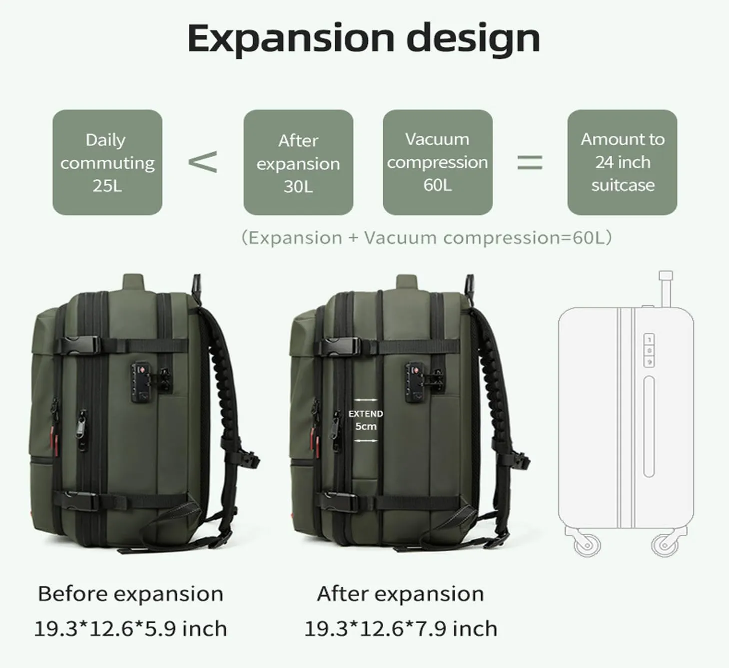 60L Man Waterproof Travel Backpack Vacuum Compression With Air Pump Anti Theft Laptop Bag Expandable Casual Large Back Pack