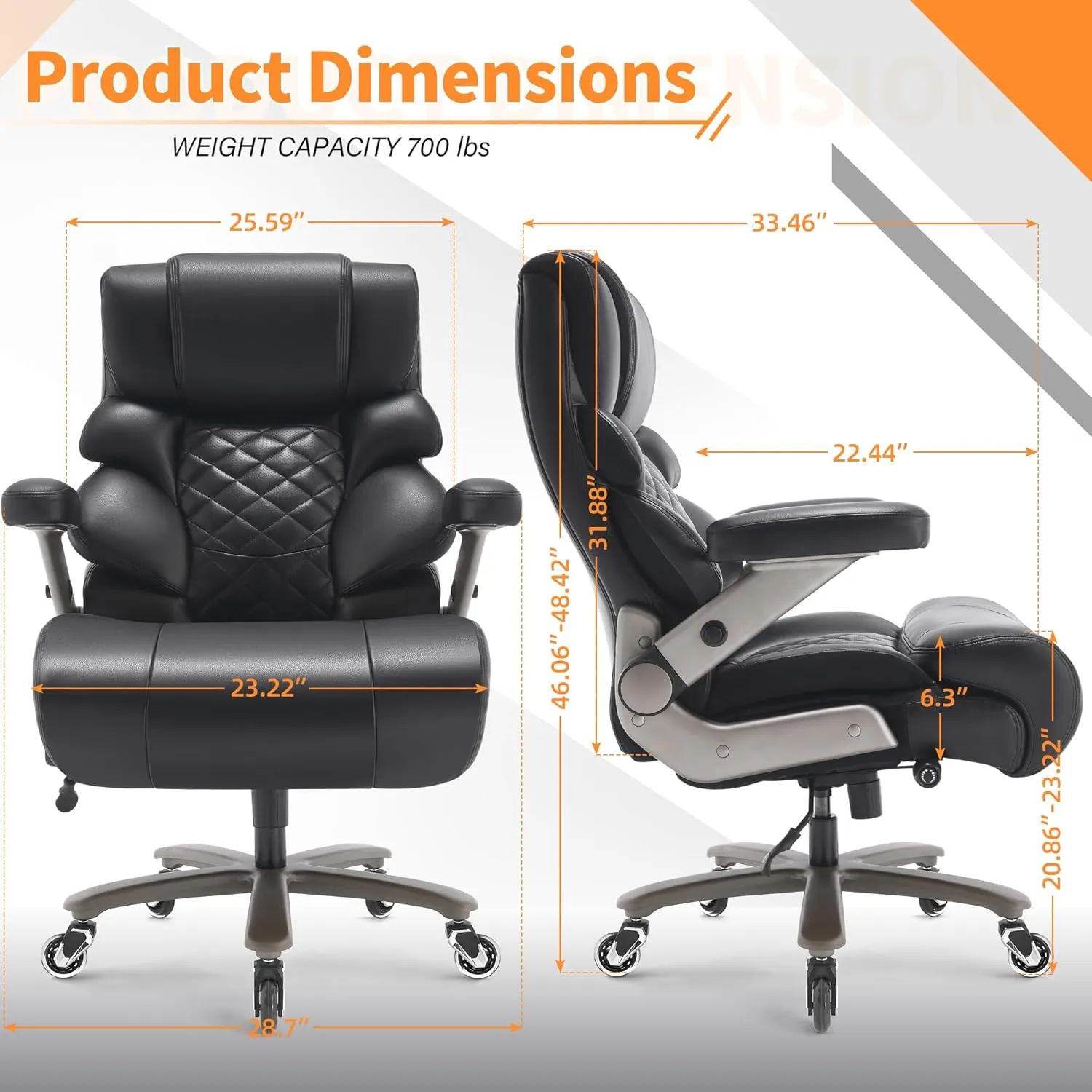 700lbs Big and Tall Office Chair-Large Computer Chair with Adjustable Lumbar Support 3D Flip Arms Plus Size Wheels, High Back Executive Desk Chair, Heavy Duty Metal Base, Thick Padded Wide Seat
