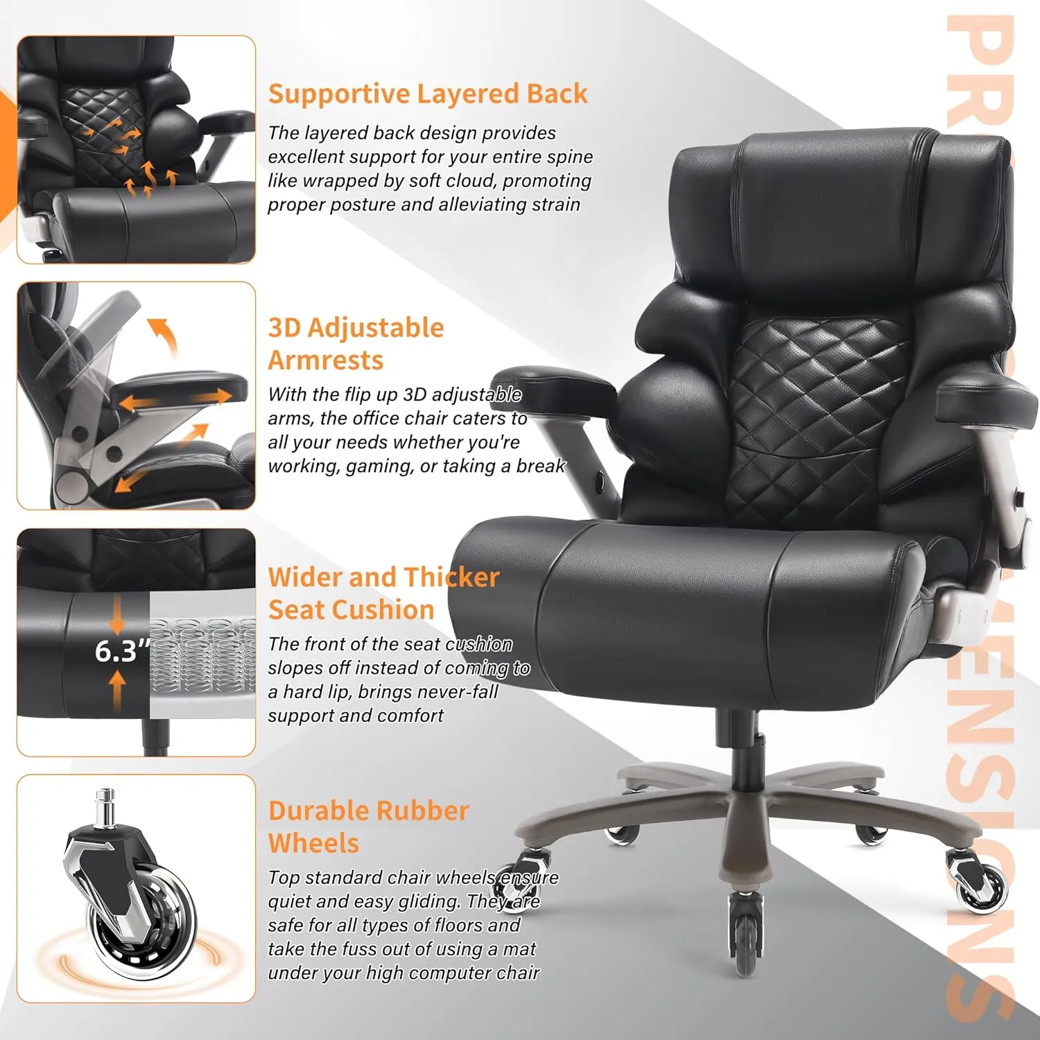 700lbs Big and Tall Office Chair-Large Computer Chair with Adjustable Lumbar Support 3D Flip Arms Plus Size Wheels, High Back Executive Desk Chair, Heavy Duty Metal Base, Thick Padded Wide Seat