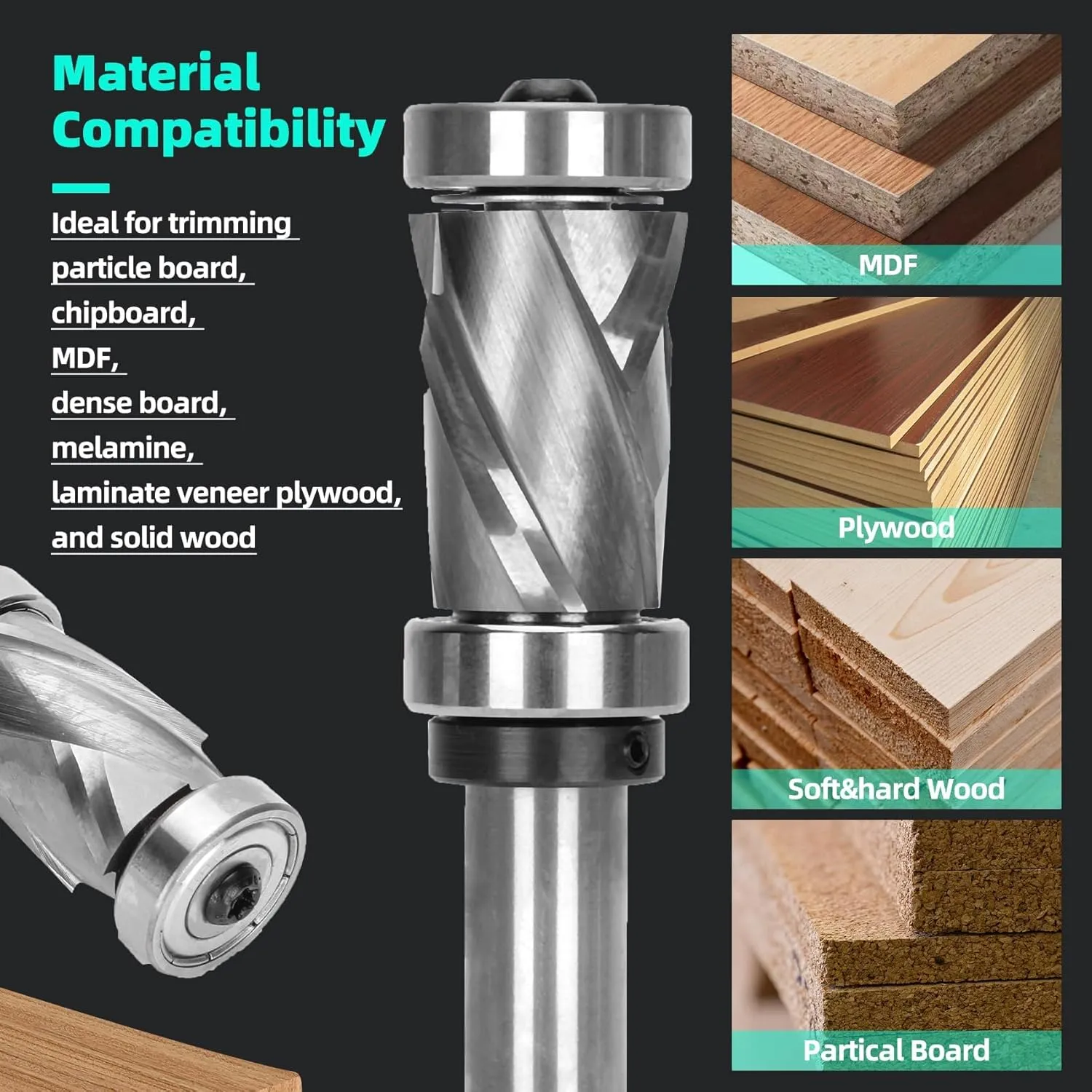7/8" Compression Spiral Flush Trim Router Bit 1/2" Shank with Top and Bottom Bearing, Cutting Diameter Solide Carbide Plunge Router Bit Suitable for Template and Pattern Work