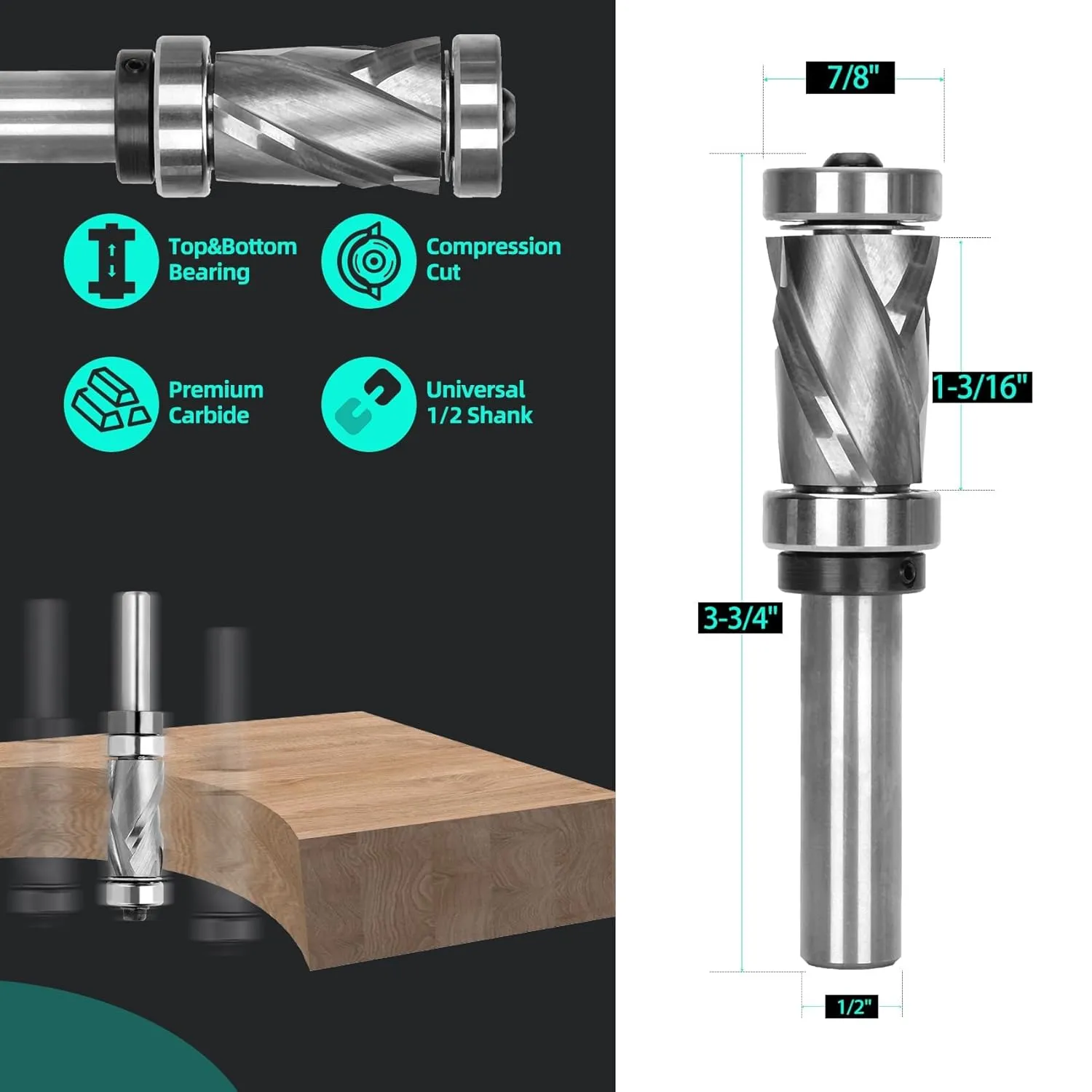 7/8" Compression Spiral Flush Trim Router Bit 1/2" Shank with Top and Bottom Bearing, Cutting Diameter Solide Carbide Plunge Router Bit Suitable for Template and Pattern Work